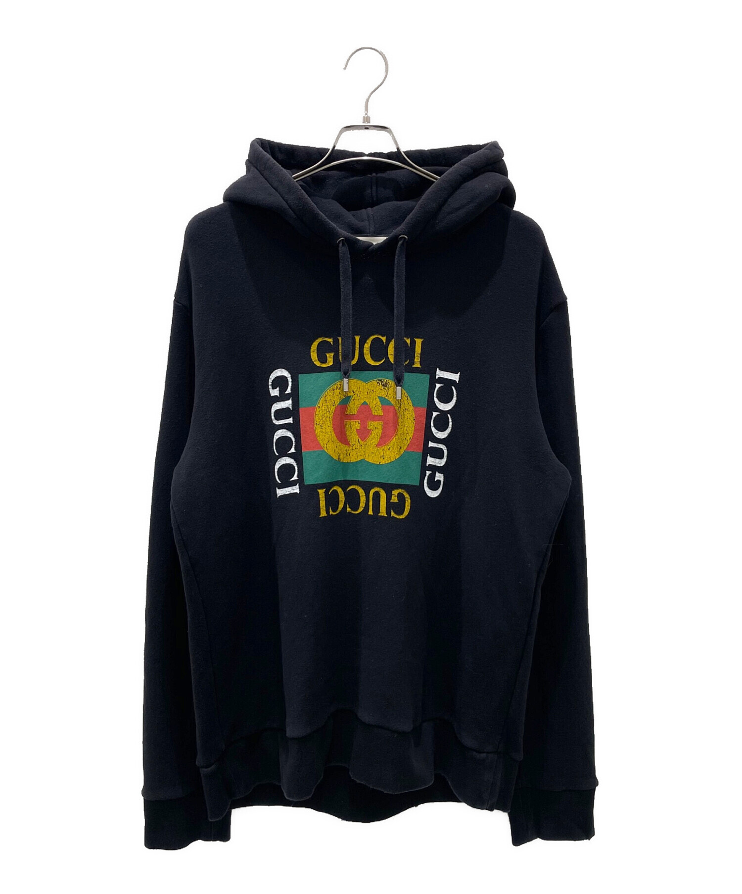 GUCCI ヴィンテージ加工 オールド ロゴ プリント パーカー ブラック　M 中古・古着通販】GUCCI (グッチ) ヴィンテージ 加工 オールド ロゴ