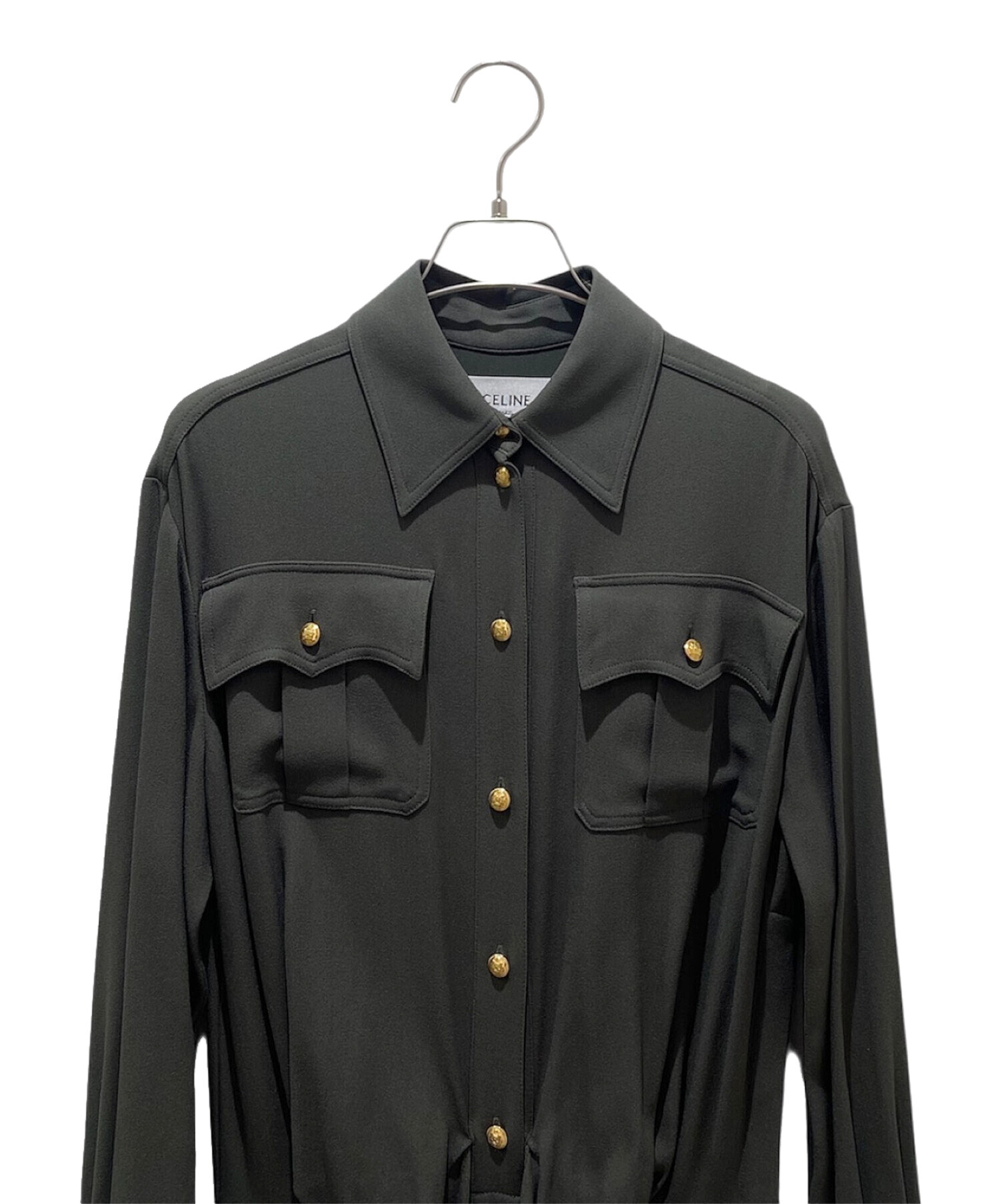 中古・古着通販】CELINE (セリーヌ) フリルシャツワンピース オリーブ