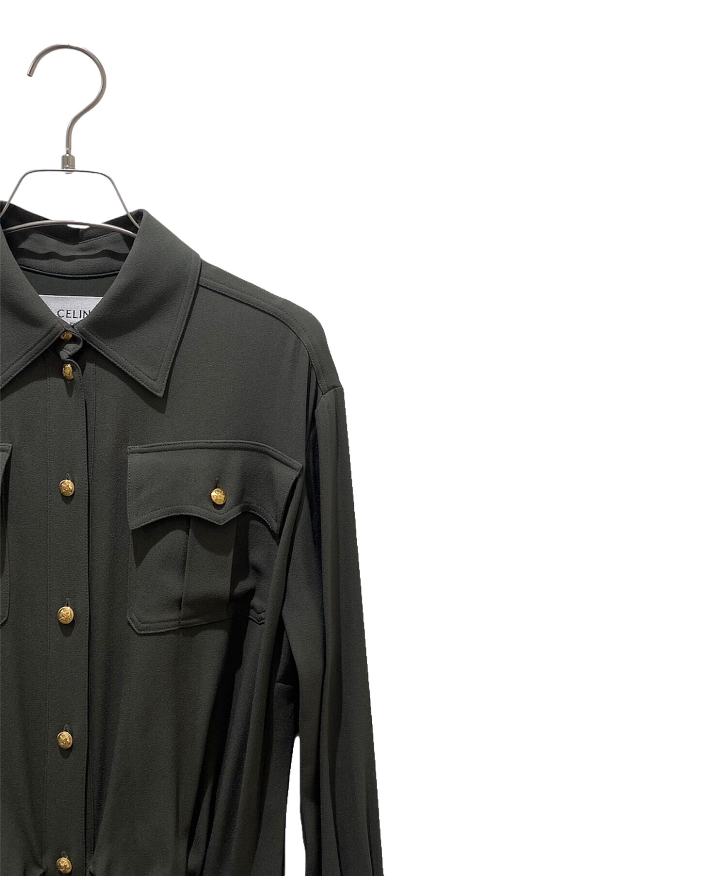 中古・古着通販】CELINE (セリーヌ) フリルシャツワンピース オリーブ