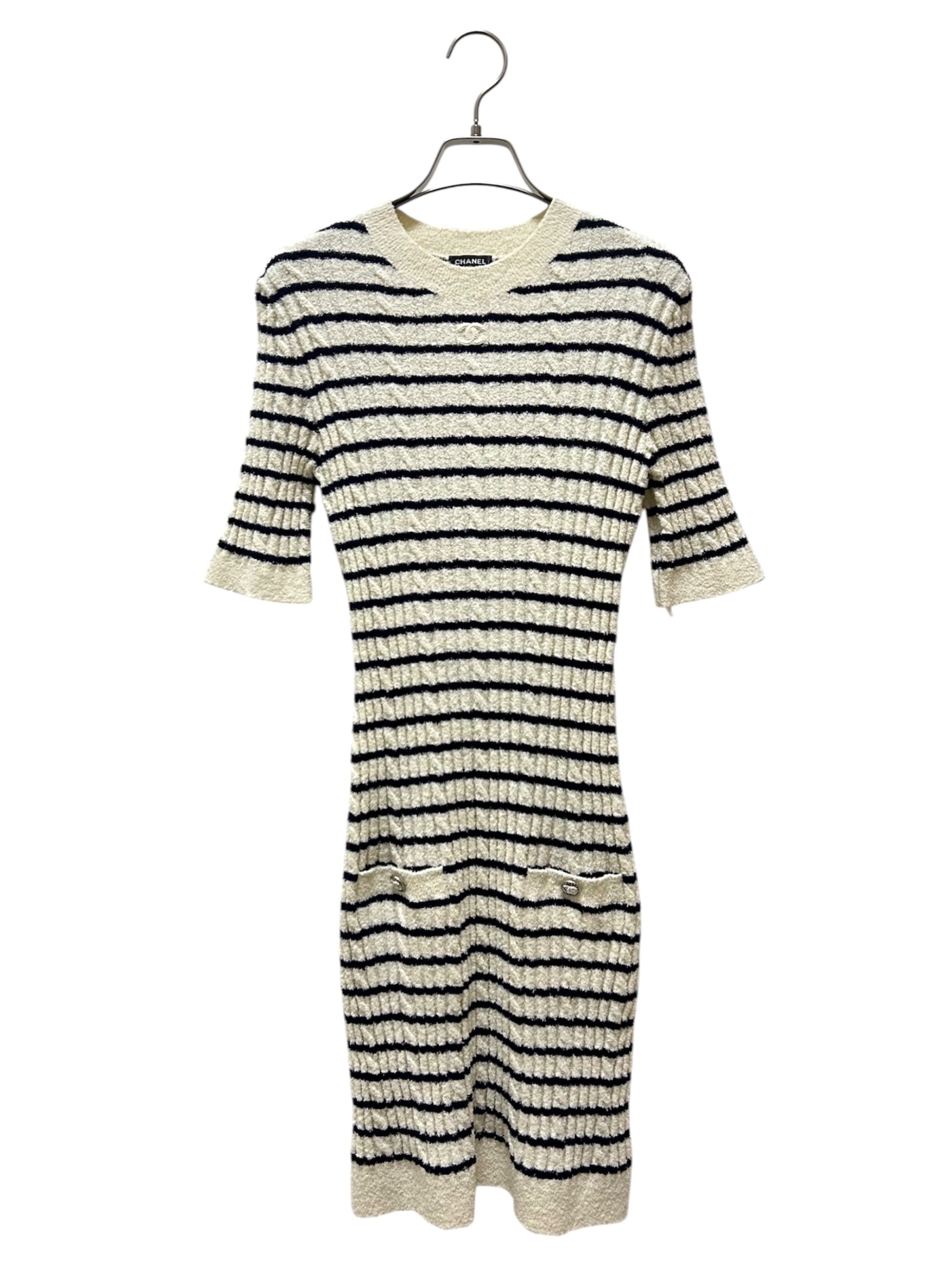 シャネル CHANEL サマーニットワンピース ベージュ ネイビー 36 中古・古着通販】CHANEL (シャネル) ココボタンボーダーニット