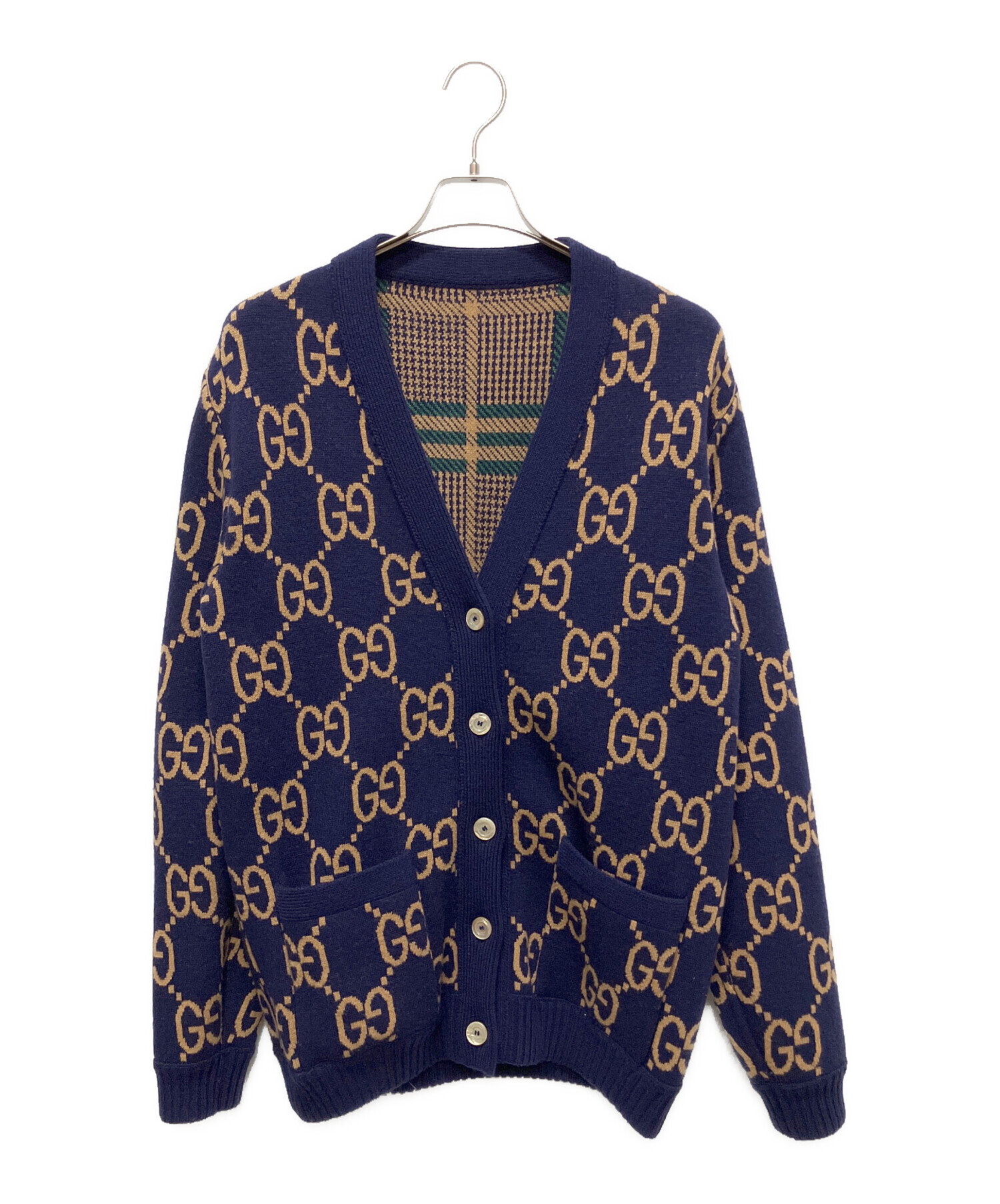 GUCCI グッチ ニットカーディガン ウール リバーシブル サイズS 22AW 699872 XKCFX ブラウン イタリア製 ウール97％ GG柄 GUCCI - GUCCI グッチ ニットカーディガン ウール リバーシブル サイズ