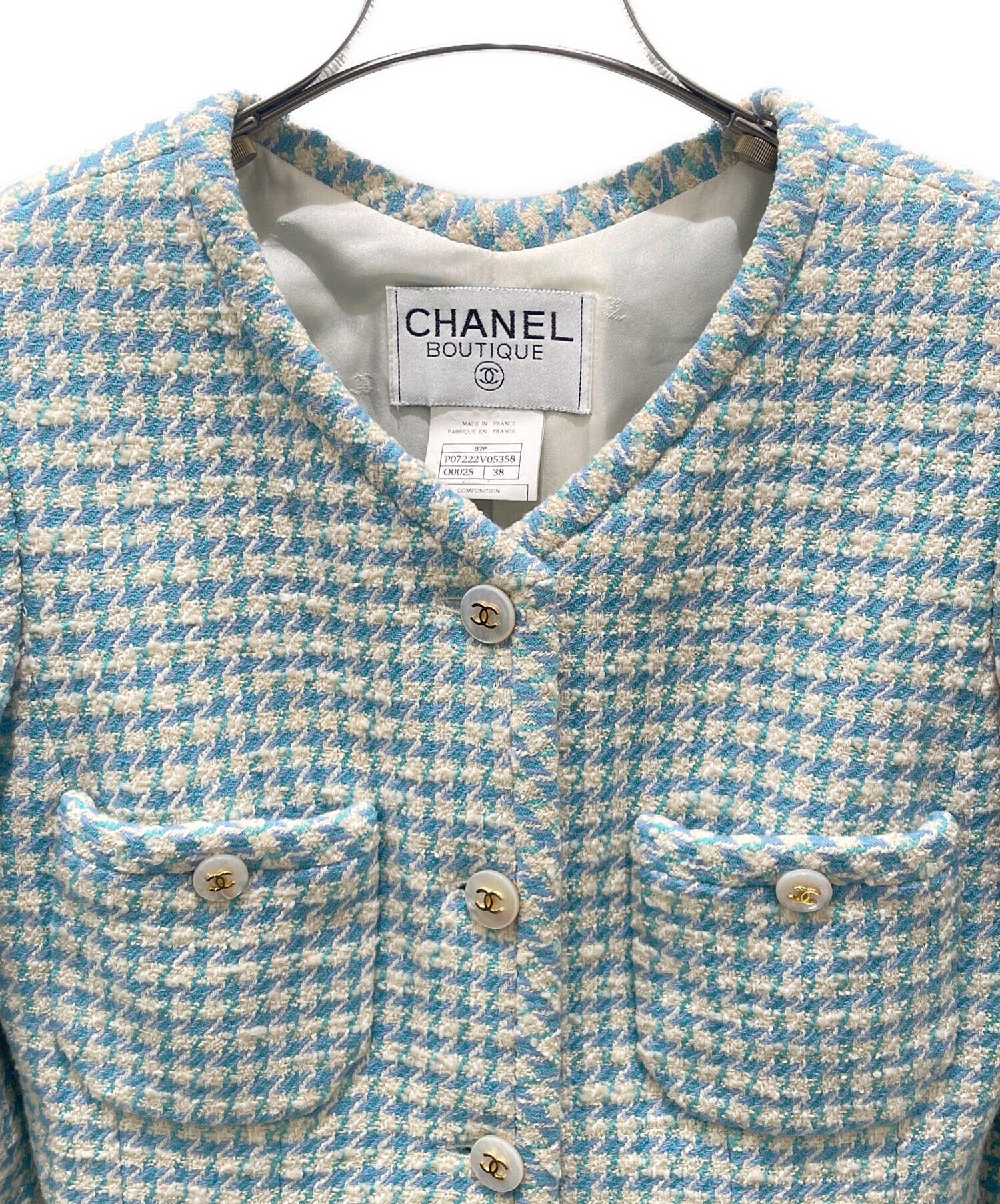 CHANEL シャネル ヴィンテージジャケット ココボタン ライトブルー 38 中古・古着通販】CHANEL (シャネル) ココボタンツイードジャケット