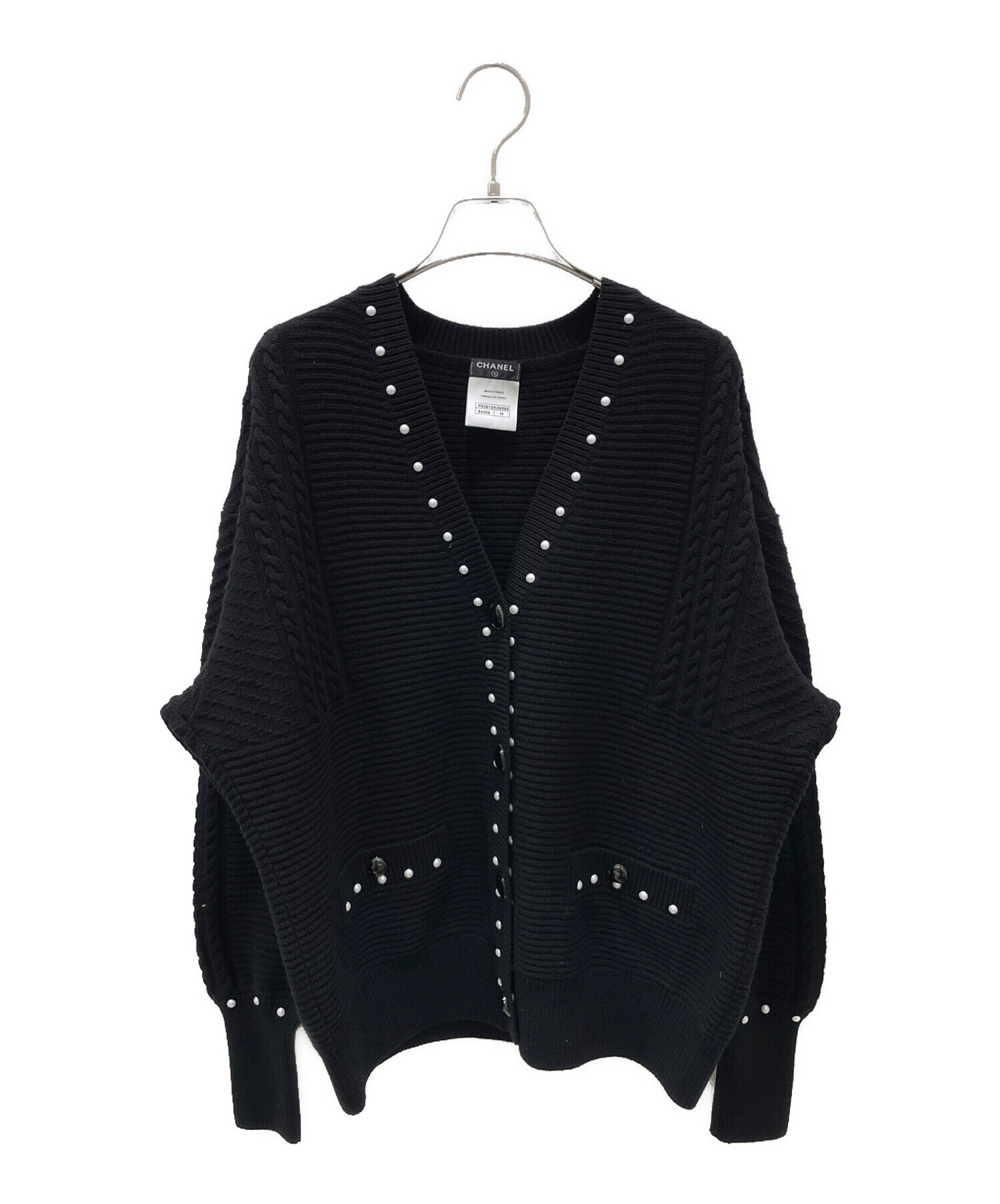 CHANEL ココボタン パール トリム カーディガン ブラック 38 Vネック 