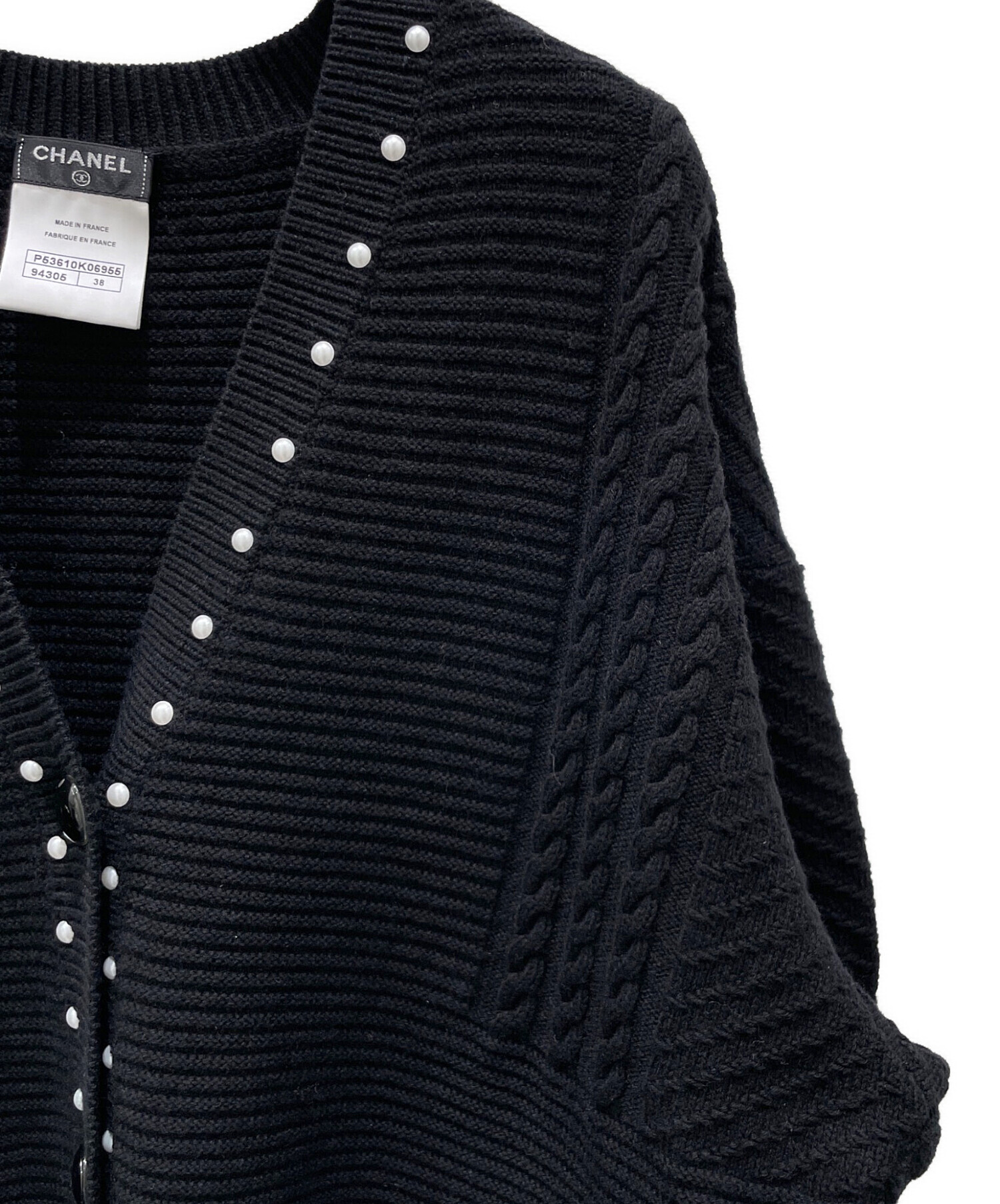 CHANEL ココボタン パール トリム カーディガン ブラック 38 Vネック 
