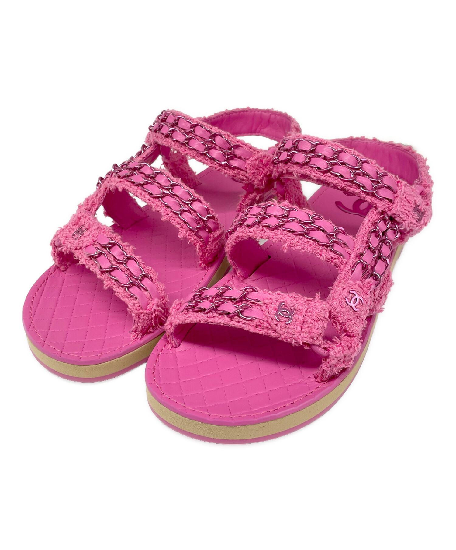 CHANEL ピンク スライドサンダル 中古・古着通販】CHANEL (シャネル) ココマーク ツイード サンダル