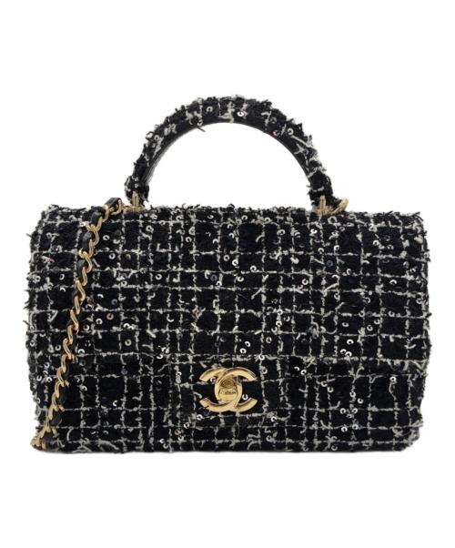 【新品未使用】CHANEL ブラック 黒 ラメ ツイード チェーン バッグ 中古・古着通販】CHANEL (シャネル) トップハンドル ツイード チェーン
