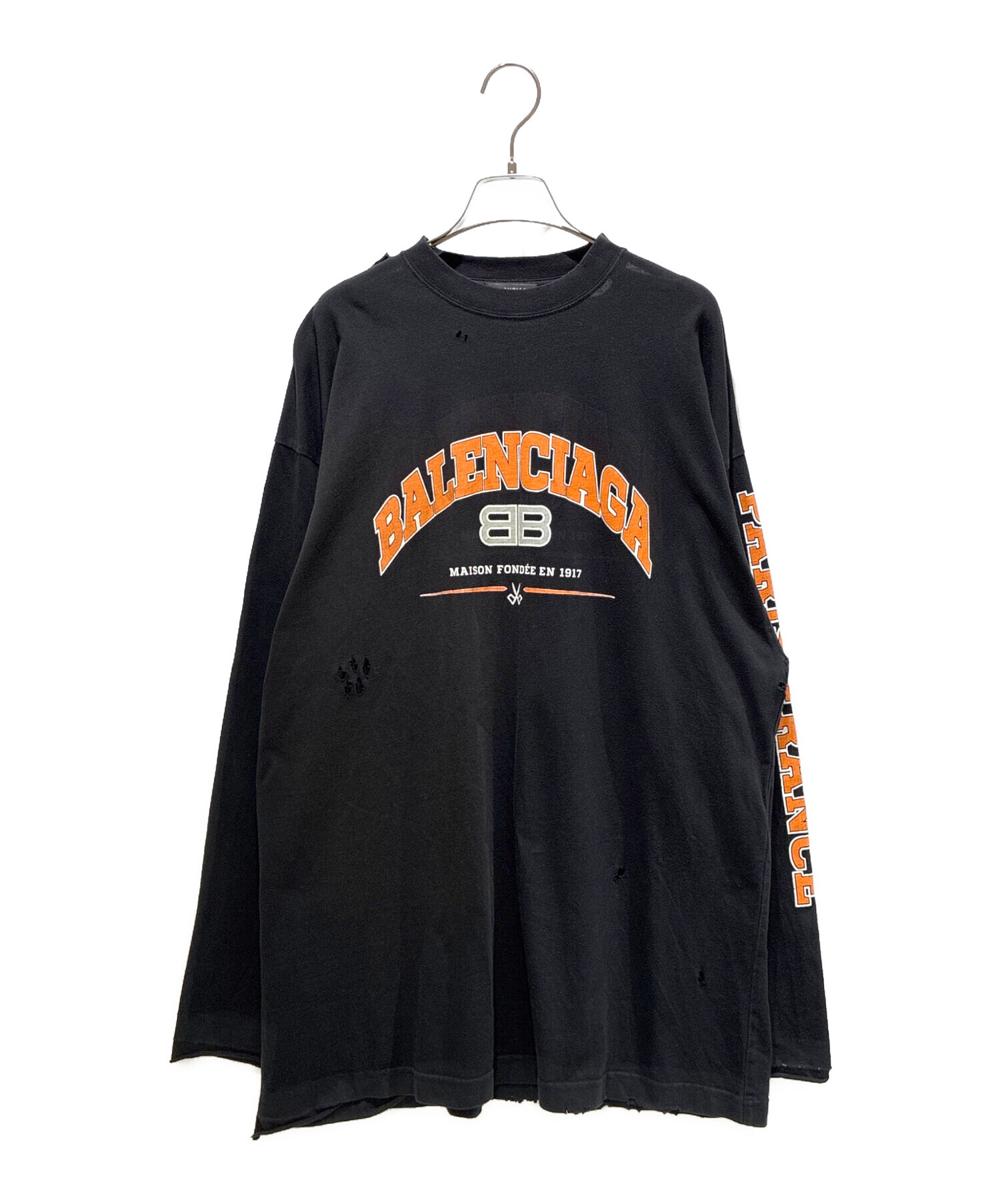 BALENCIAGA バレンシアガ ロング tシャツ 両腕刺繍ロゴ ダメージ加工 中古・古着通販】BALENCIAGA (バレンシアガ) ダメージ加工ロング