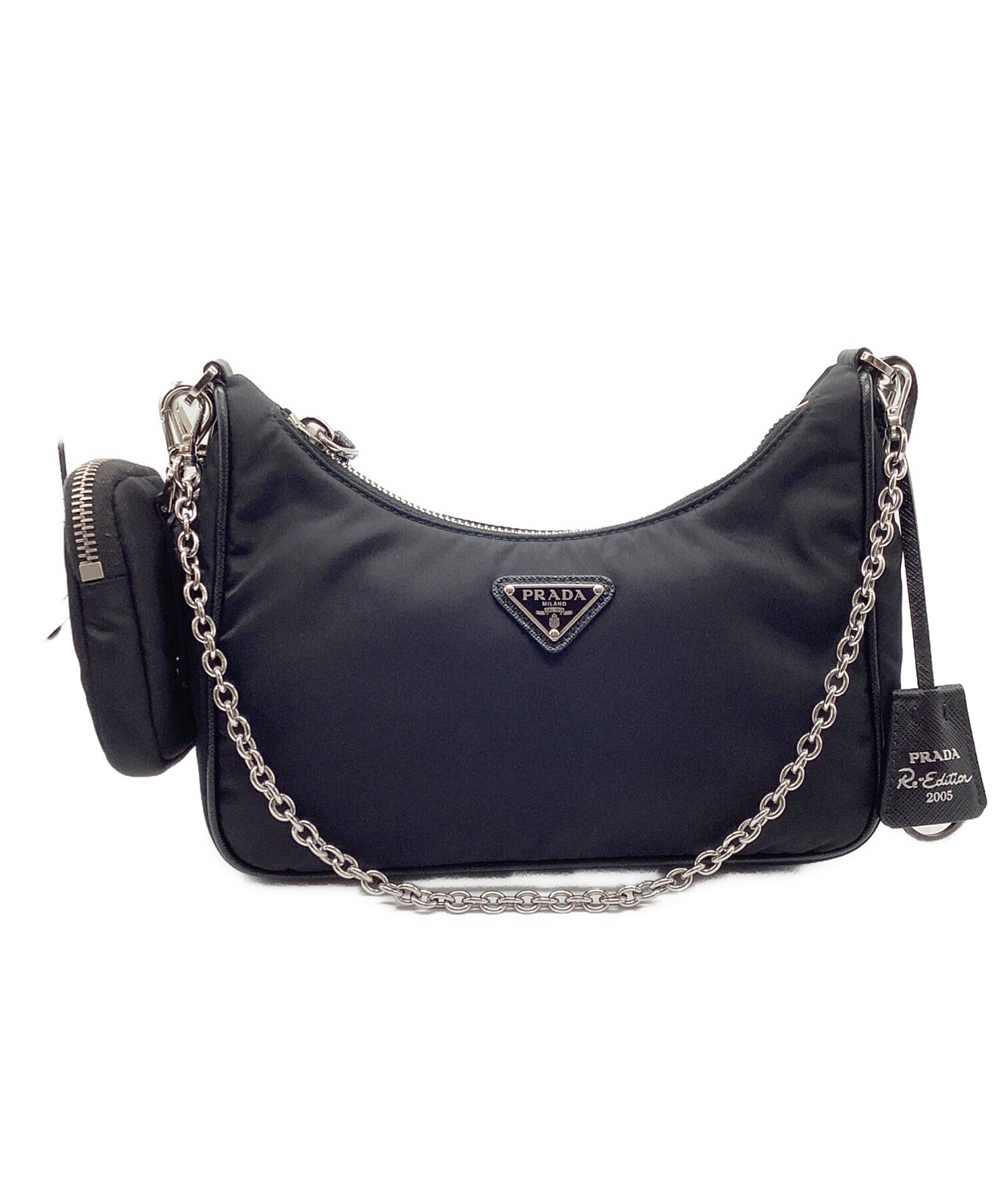 PRADA ショルダーバッグ ナイロン ブラック 中古・古着通販】PRADA (プラダ) ナイロンショルダーバッグ ブラック