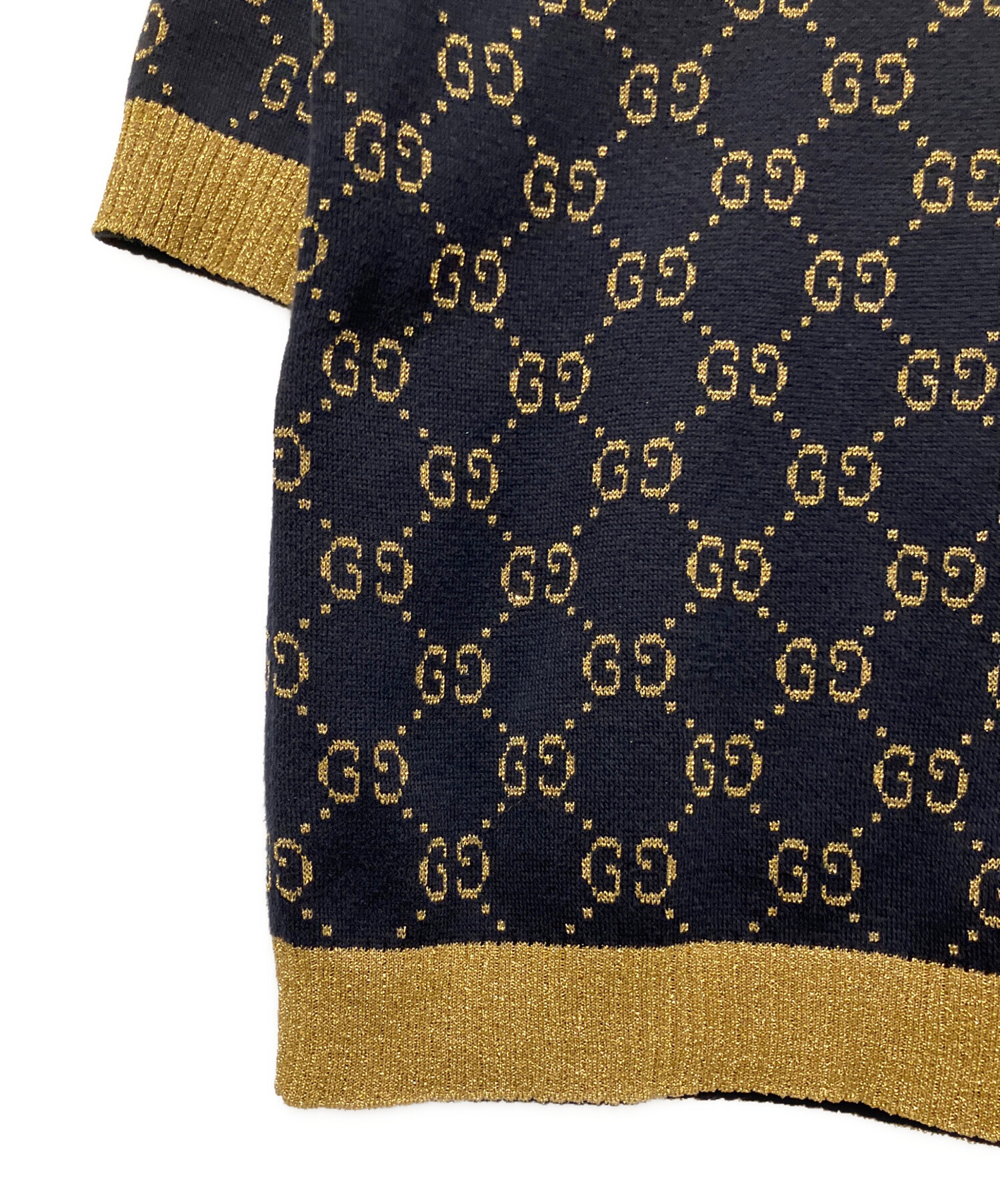 GUCCI 半袖ニット生地トップス グッチ GUCCI ニット セーター GG柄 ネイビー ゴールド M