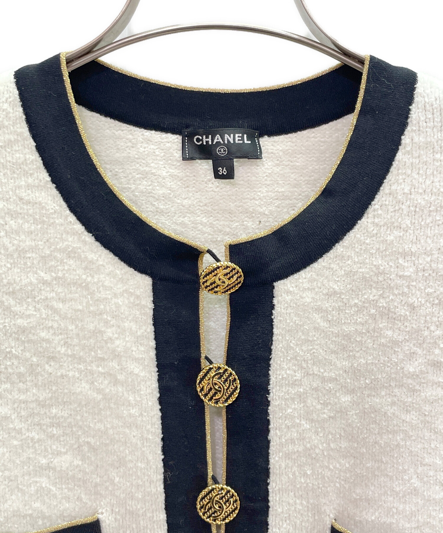 CHANEL ネイビー ホワイト袖 ワンピース ゴールドボタン 中古・古着通販】CHANEL (シャネル) ココボタン パイルニット