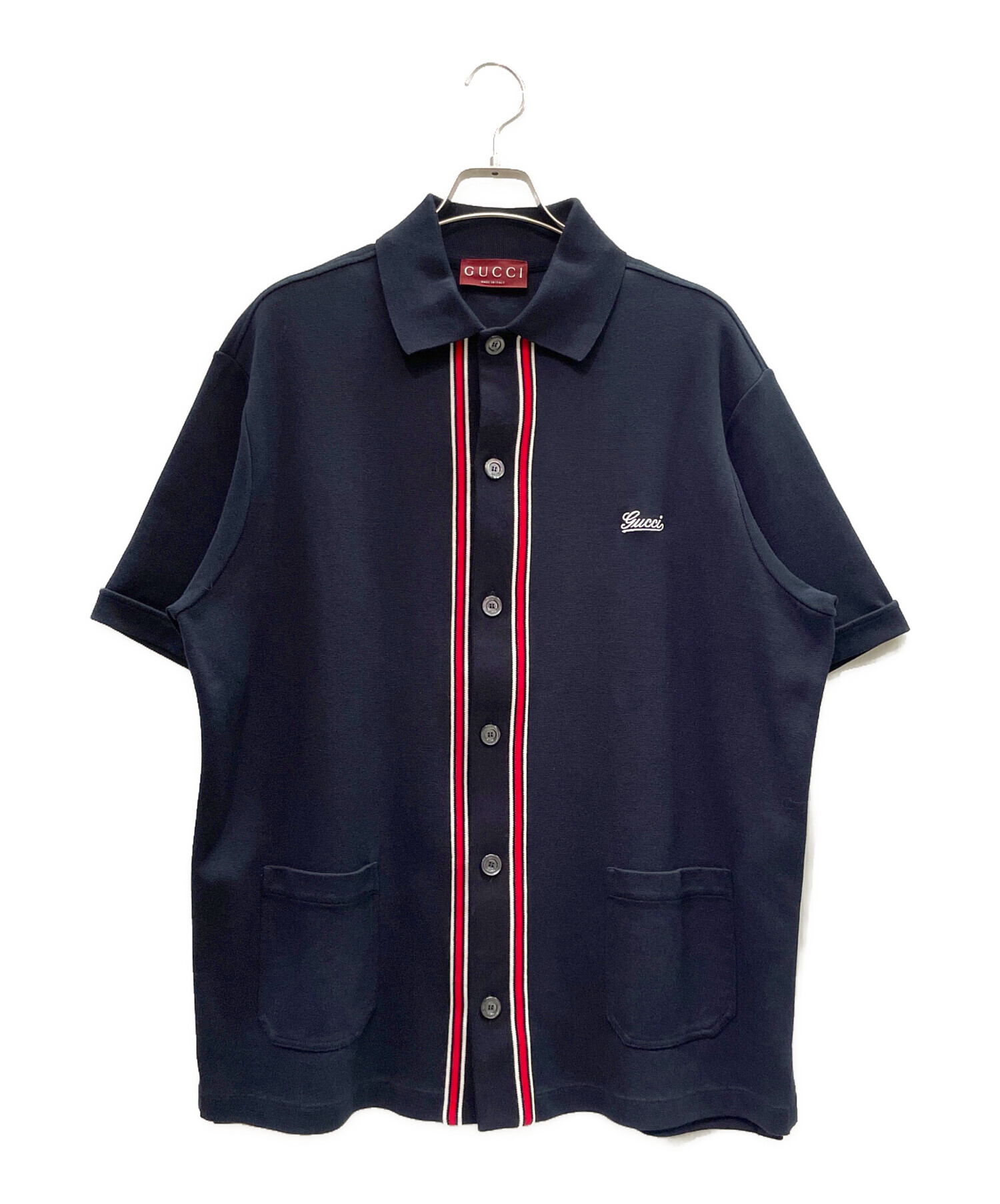 中古・古着通販】GUCCI (グッチ) ロゴ鹿の子 半袖シャツ ネイビー
