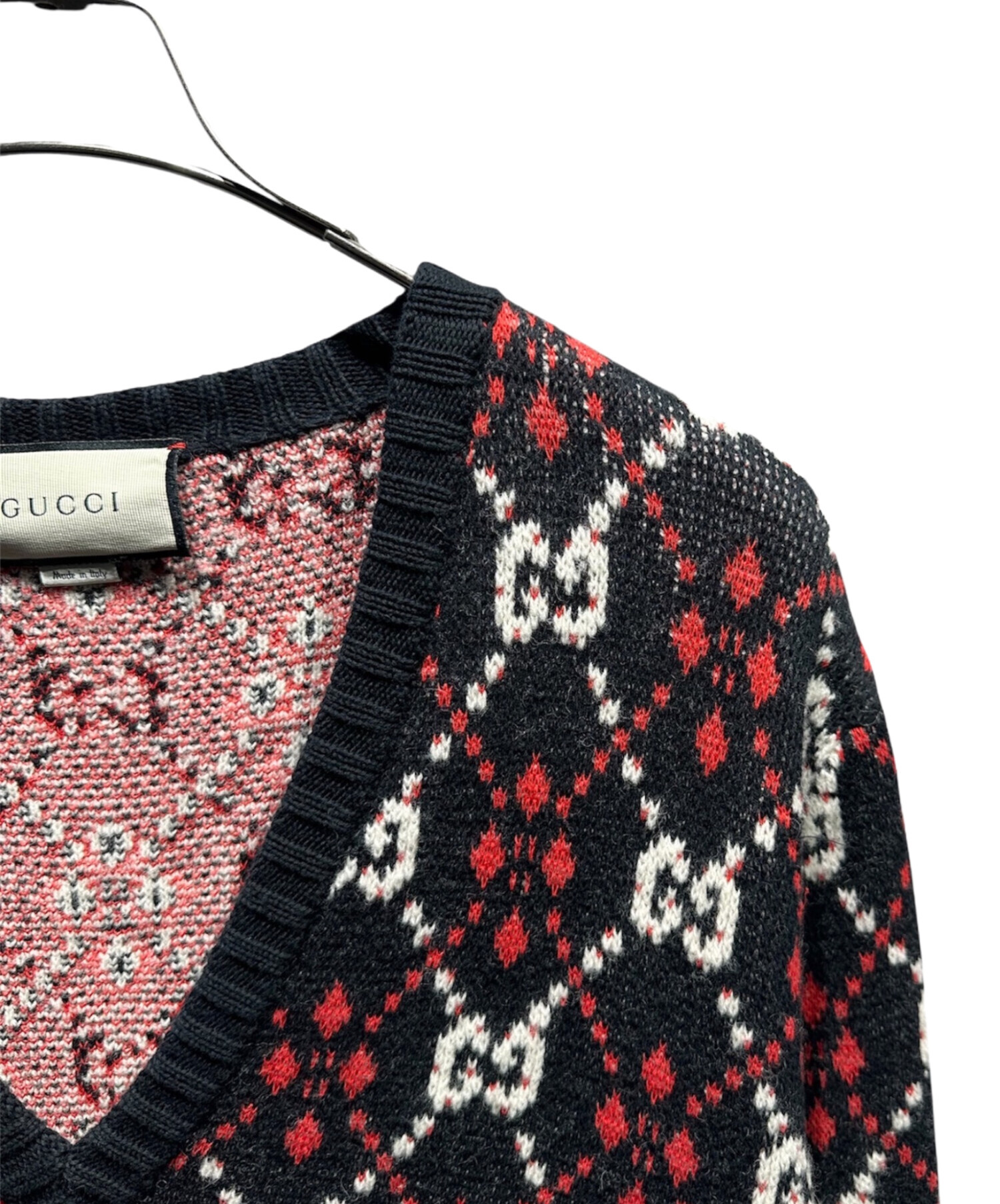 GUCCI【クリーニング済】Vネックニット L セーター 52 黒 BLACK 中古・古着通販】GUCCI (グッチ) GGジャガードVニット ブラック サイズ