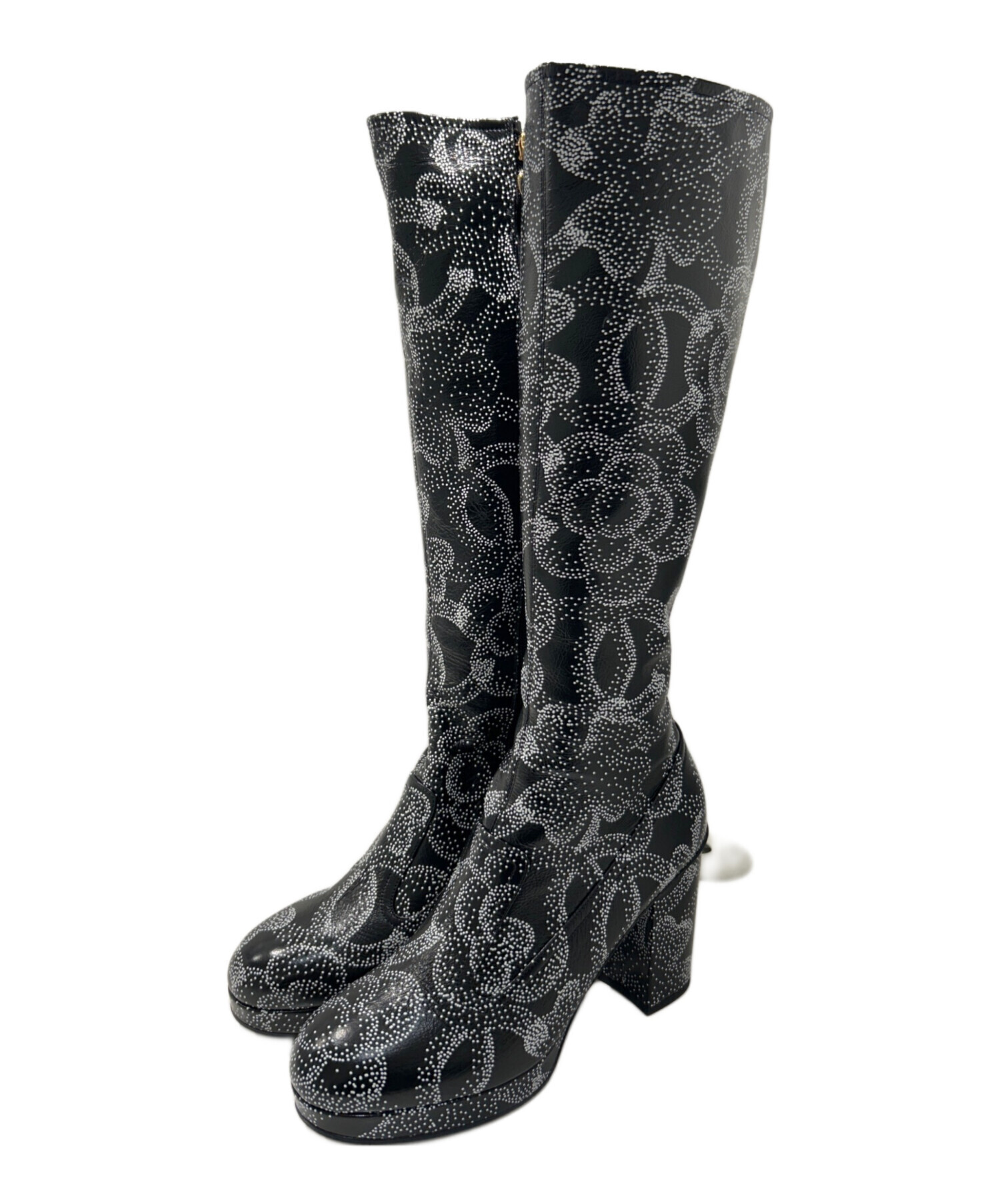 CHANEL カメリア パテント ロング ブーツ エナメル レザー Dior 中古・古着通販】CHANEL (シャネル) CHANEL Camelia long boots