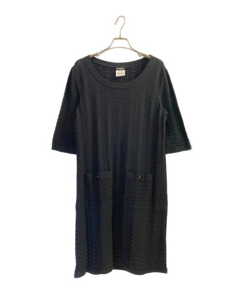 シャネル　長袖　ニットワンピース　黒　キルティング　XL相当　40サイズ 中古・古着通販】CHANEL (シャネル) 七分丈ニットワンピース ブラック