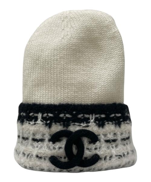 CHANEL ニット帽 ブラック・ホワイト 中古・古着通販】CHANEL (シャネル) ココマークニット帽 ホワイト