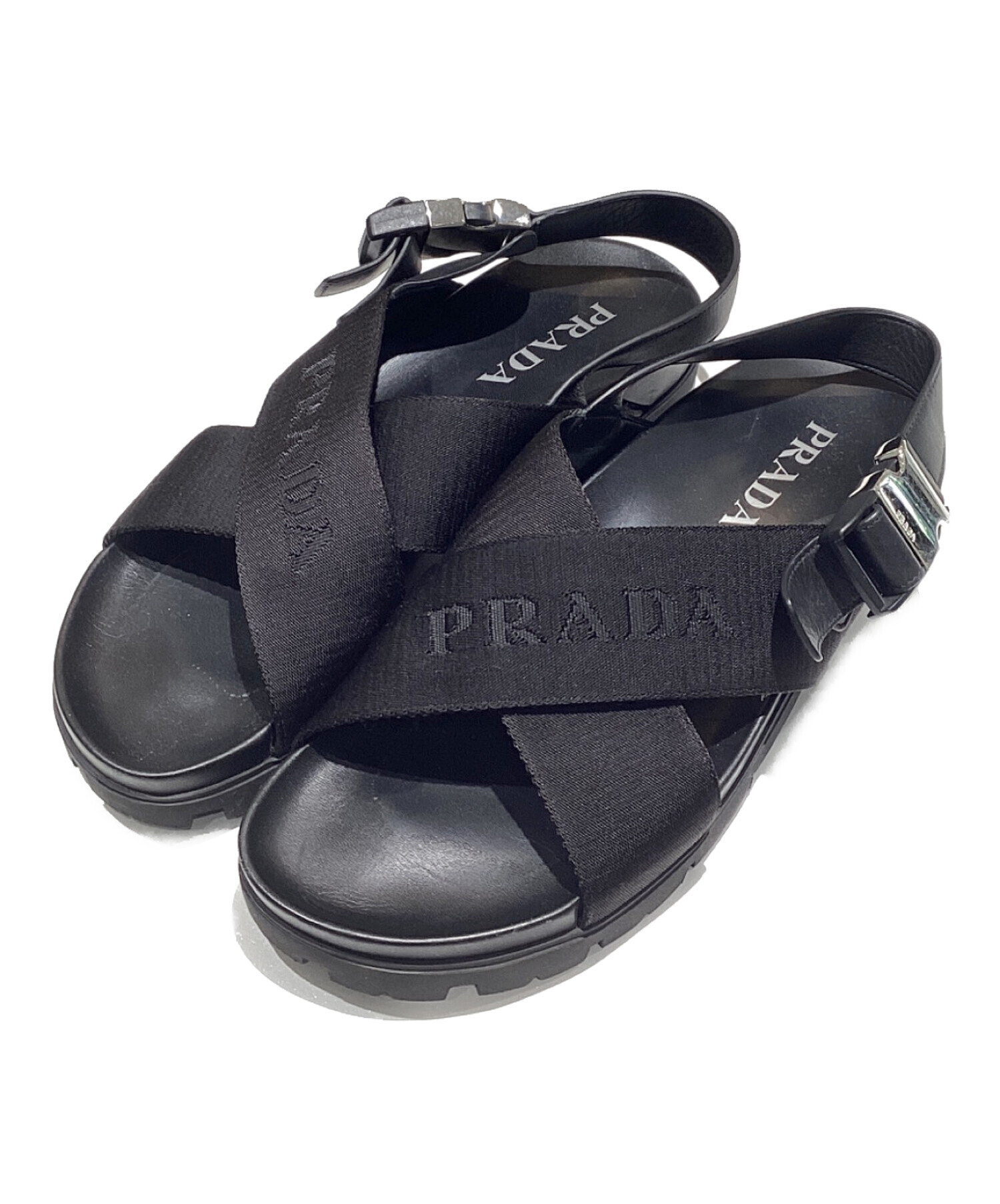 37　PRADA　プラダ　サンダル　異素材　バイカラー　黒/シルバー　付属品 中古・古着通販】PRADA (プラダ) クロスバックルサンダル ブラック
