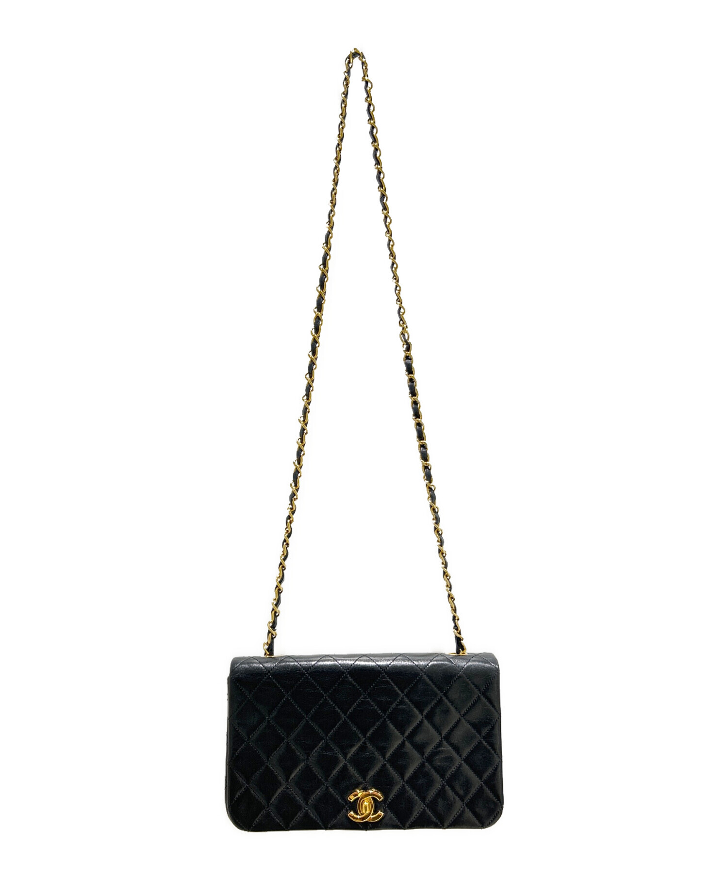 CHANEL シャネル マトラッセ 　ターンロック　フルフラップ 　チェーンショルダー 　ラムスキン 　黒　 ゴールド金具 フルフラップ ターンロック ブランド【中古】【送料無料】 中古・古着通販】CHANEL (シャネル) フルフラップ マトラッセ ターン