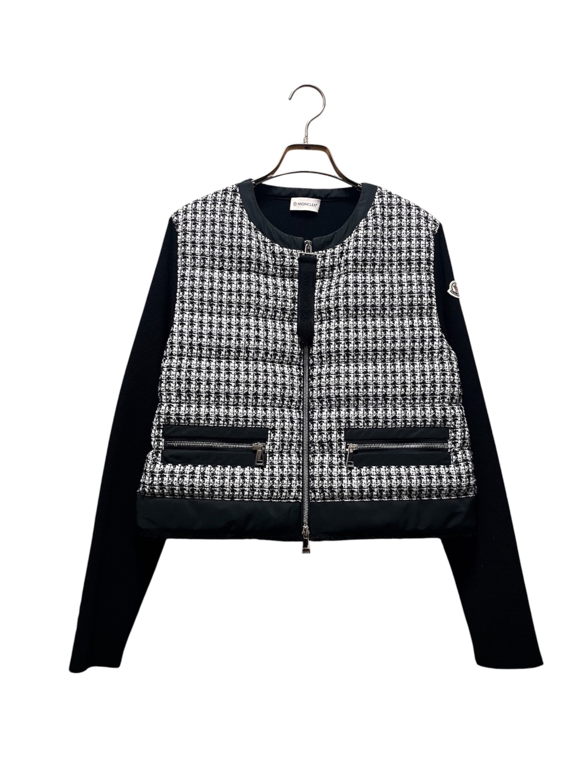 MONCLER - 美品 MONCLER モンクレール CLELIA クレリア ツイードコンビ ノーカラージャケット サイズ0 ネイビー レディース 古着 中古 USED 中古・古着通販】MONCLER (モンクレール) ツイード切替ニット