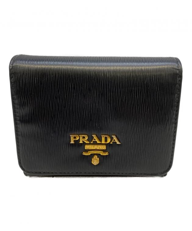 【値下げ】PRADA 三つ折り財布 ブラック レッド 中古・古着通販】PRADA (プラダ) 3つ折り財布 ブラック×レッド