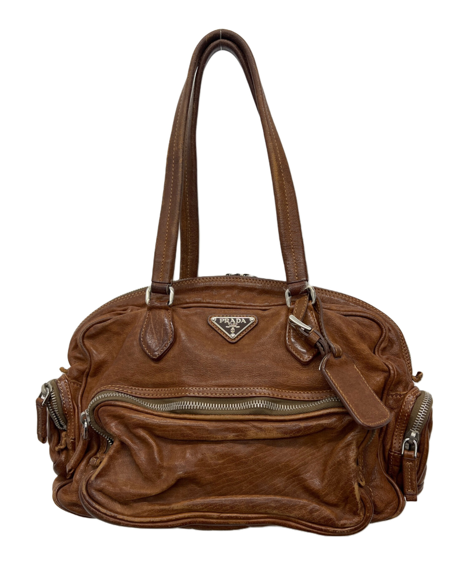 PRADA ボストンバッグ　ウォッシュドレザー　ブラウン 中古・古着通販】PRADA (プラダ) ウォッシュドレザーボストンバッグ