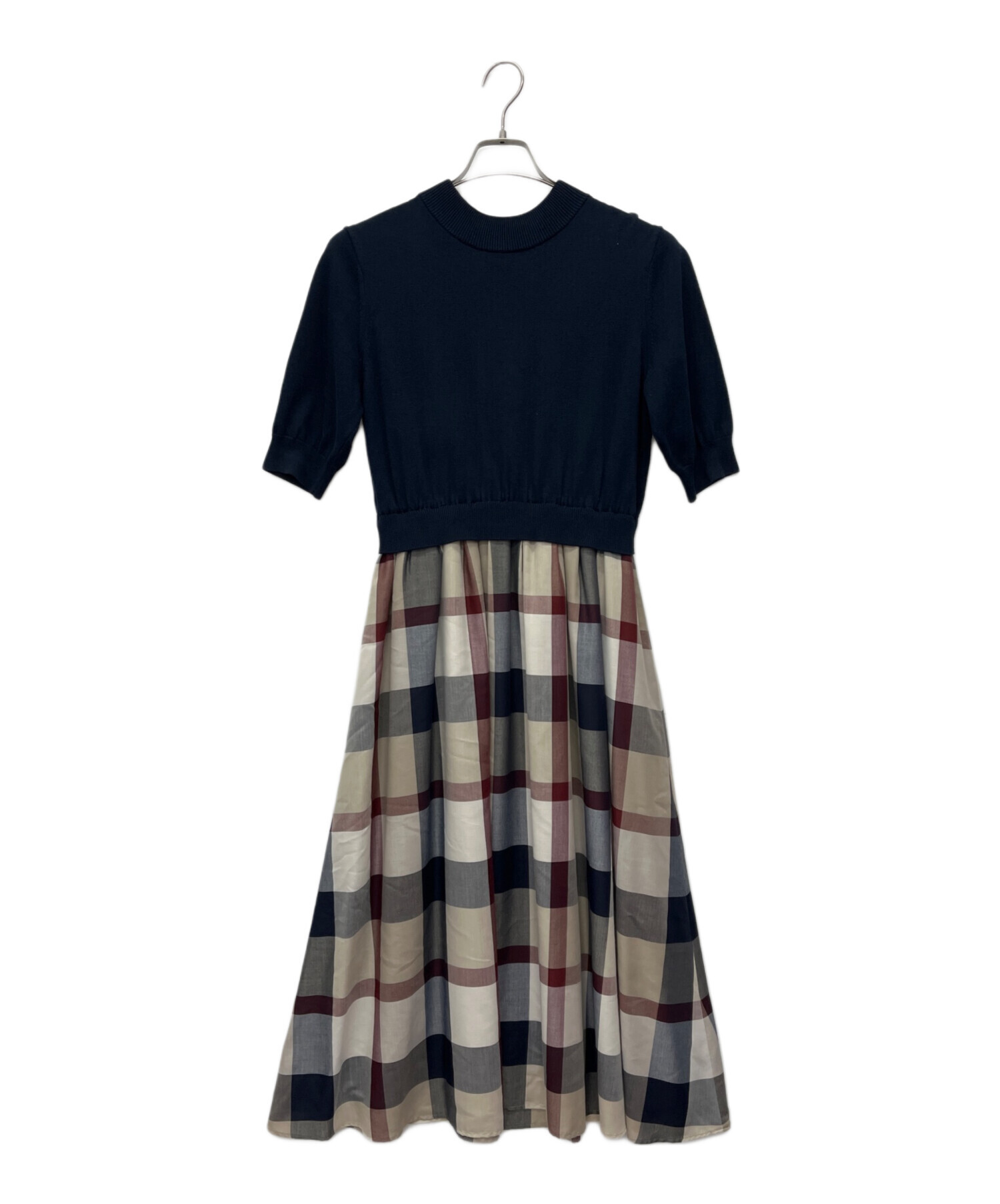 BLUE LABEL CRESTBRIDGE ネイビーワンピース チェック柄袖 中古・古着通販】BLUE LABEL CRESTBRIDGE (ブルーレーベルクレスト