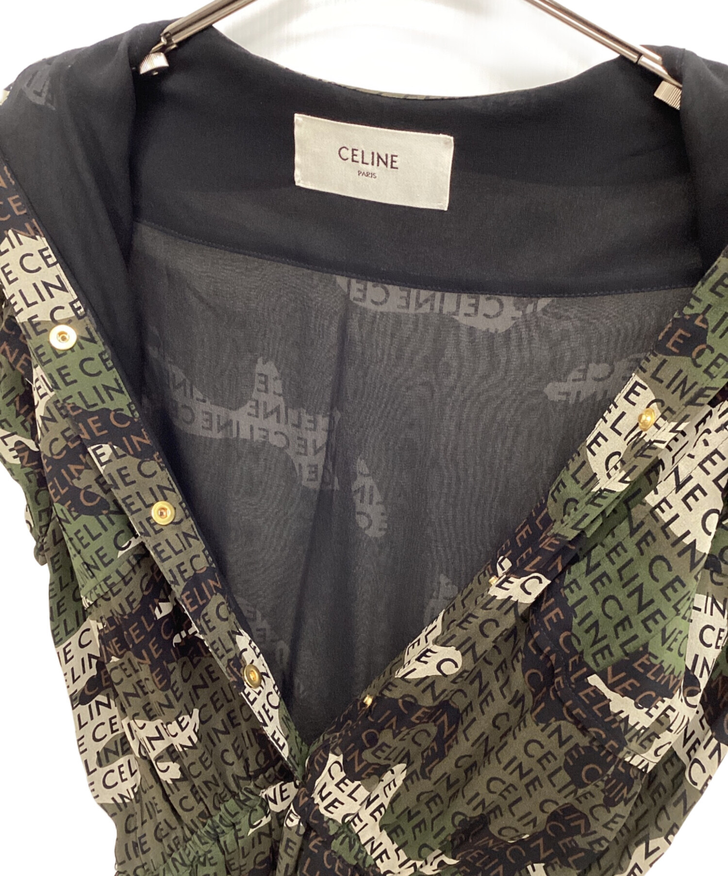 中古・古着通販】CELINE (セリーヌ) 半袖ワンピース グリーン×ベージュ 