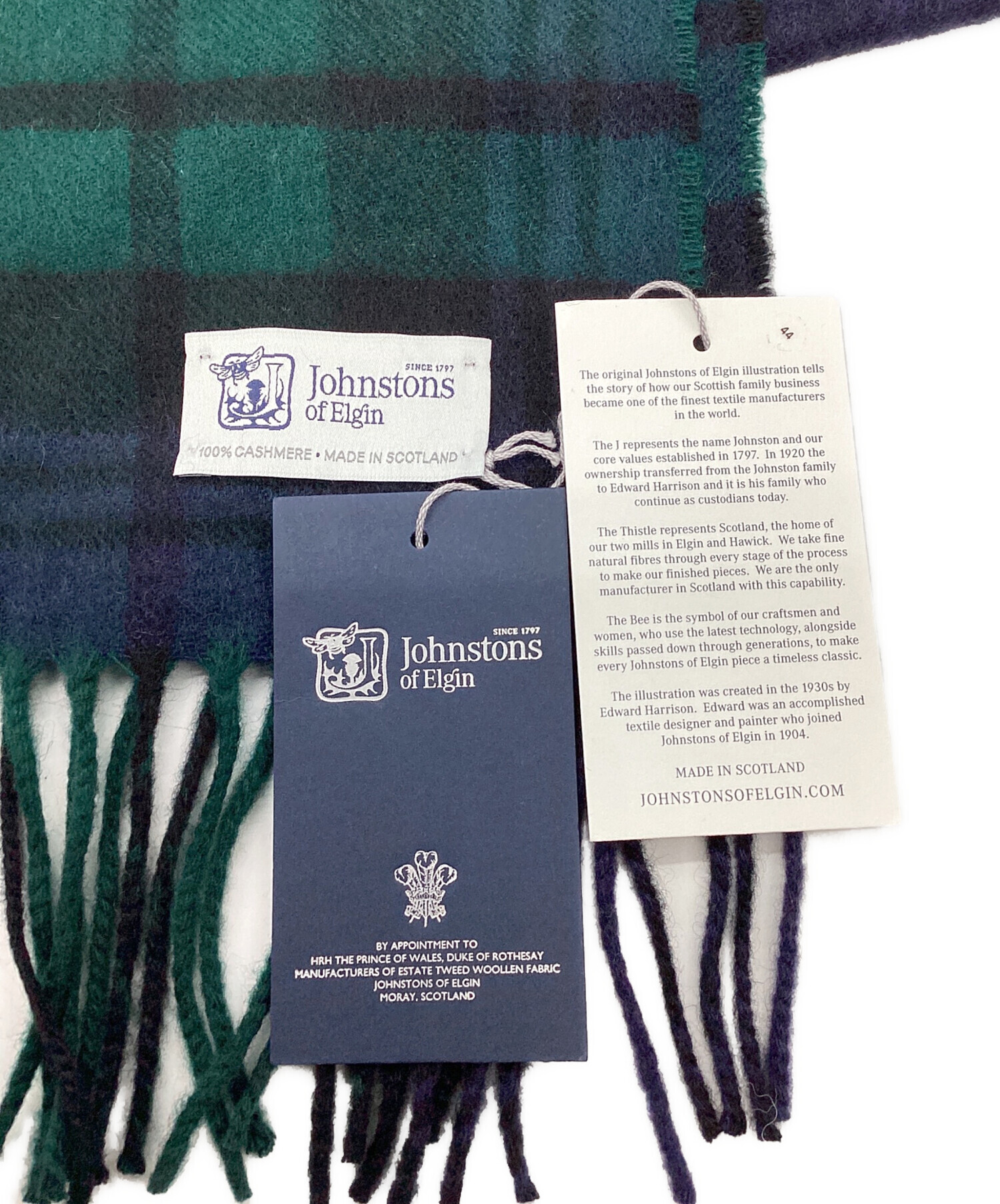 未使用品 ジョンストンズオブエルガン Johnstons of Elgin ストール マフラー チェック フリンジ 青 ブルー /DE10 レディース Johnstons of Elgin／ジョンストンズ オブ エルガン カシミヤ100
