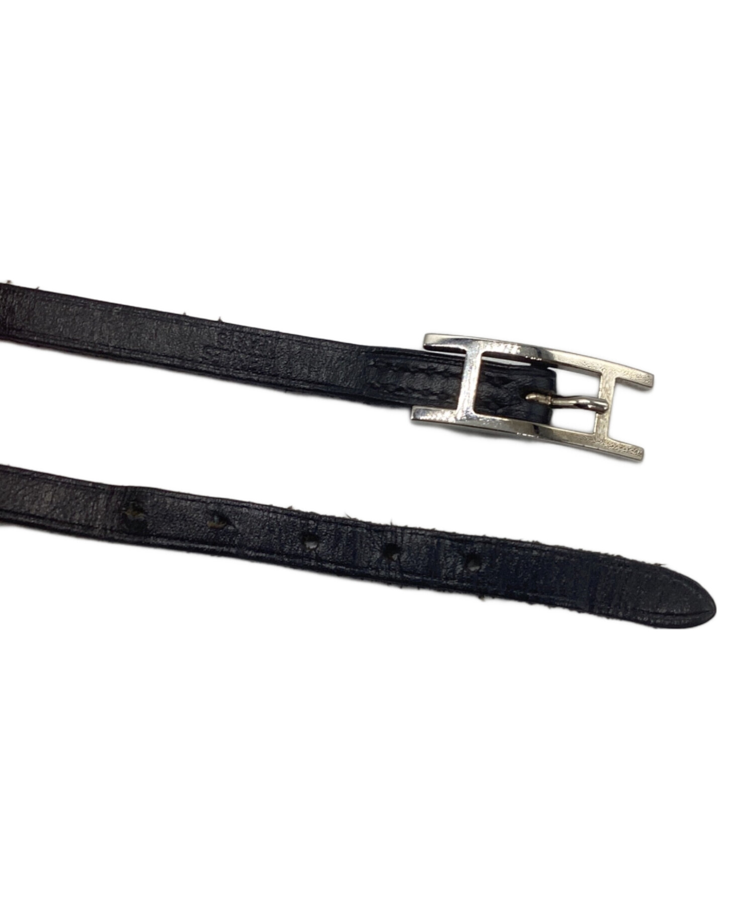 HERMES ブラックレザー ラップブレスレット 中古・古着通販】HERMES (エルメス) レザーブレスレット シルバー