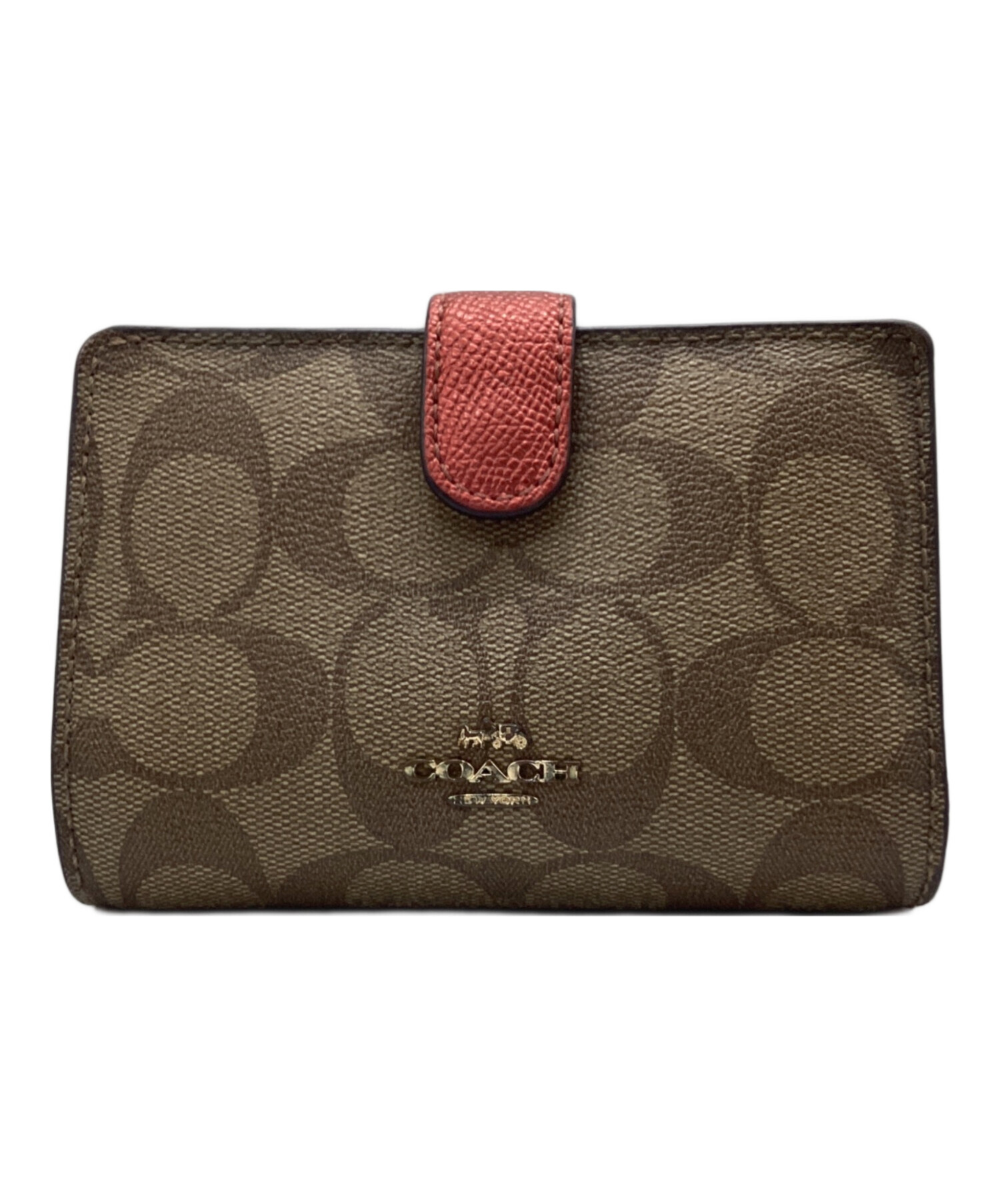 未使用】Coach 二つ折り財布 小銭入れ付 シグネチャー 財布 ピンク レザー 中古・古着通販】COACH (コーチ) 2つ折り財布 シグネチャー ブラウン