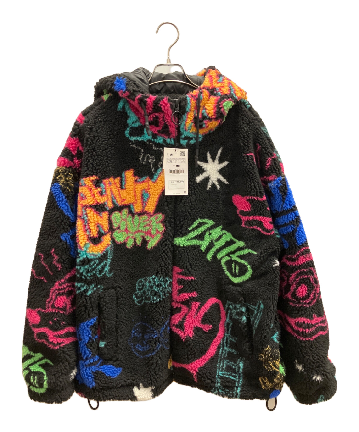 美品 ZARA ボアジャケット 総柄 ブラック マルチカラー オーバーサイズ