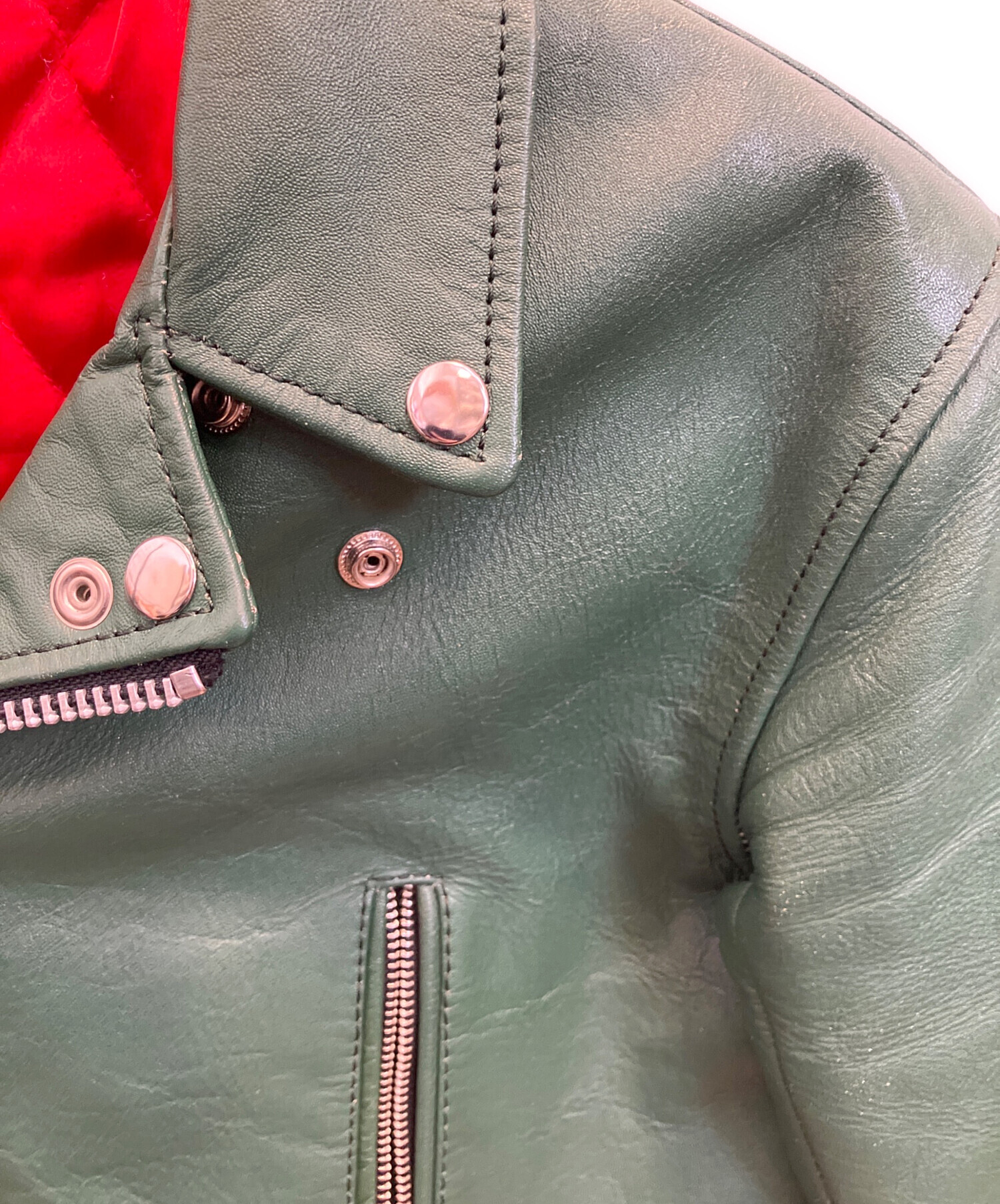 【英国製】ダブルライダースジャケット　グリーン　レザー　40 ヴィンテージ Horn Works 本革 UKタイプ ダブルライダースジャケット メンズ ホーン