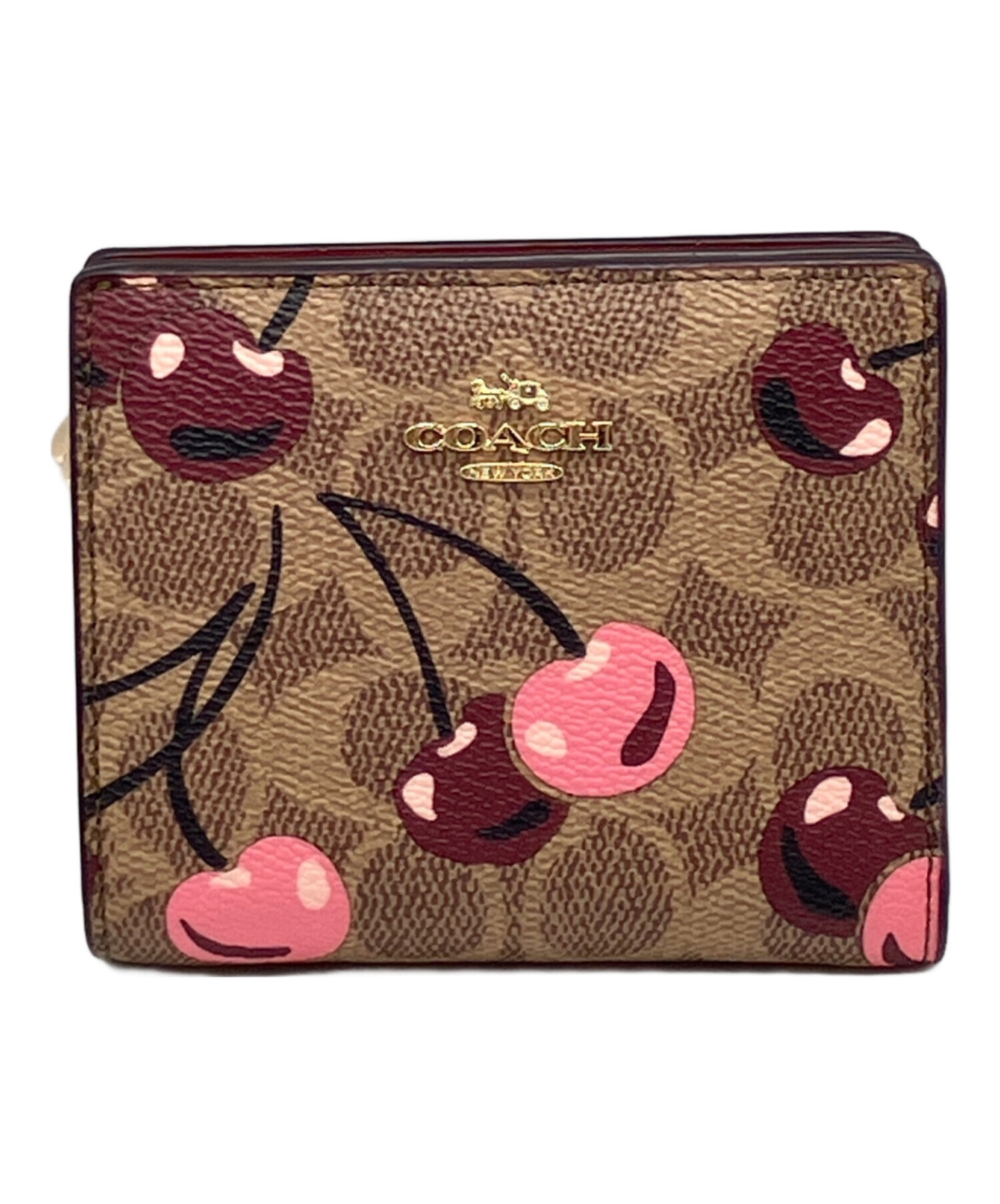新作COACHコーチ、チェリー柄ミディアム二つ折り財布 中古・古着通販】COACH (コーチ) チェリー柄2つ折り財布 ブラウン