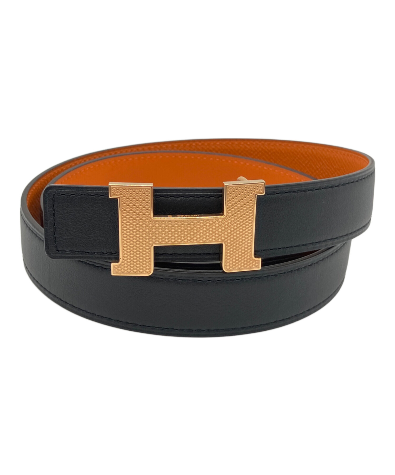 HERMES オレンジ レザー ベルト 75 中古・古着通販】HERMES (エルメス) レザーベルト ブラック×オレンジ