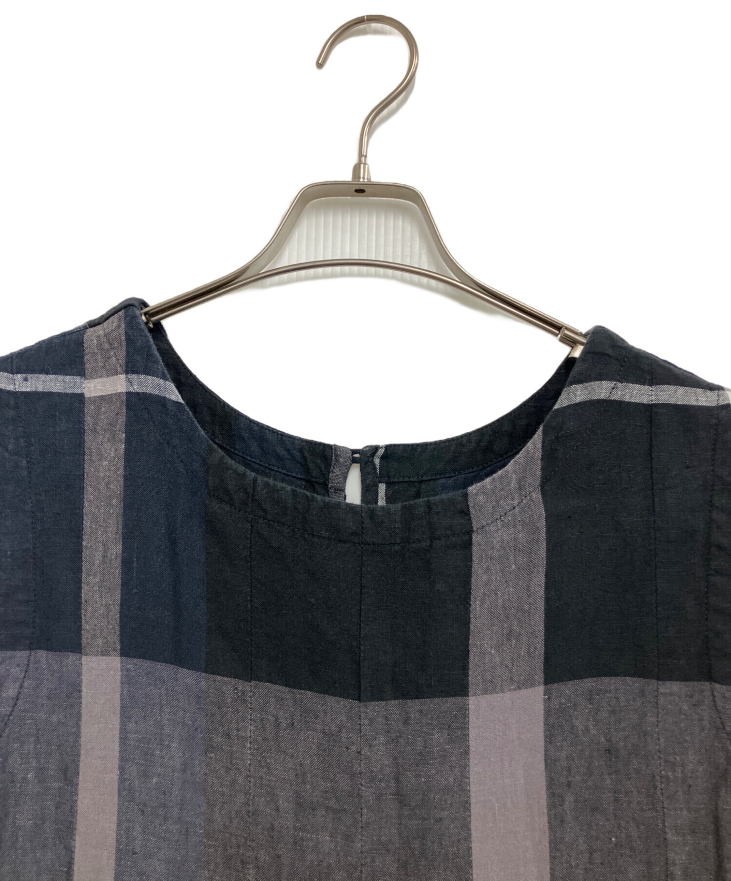 【美品】BEARDSLEY リネンビッグチェックカットソー　ネイビー 中古・古着通販】BEARDSLEY (ビアズリー) リネンビッグチェックタック