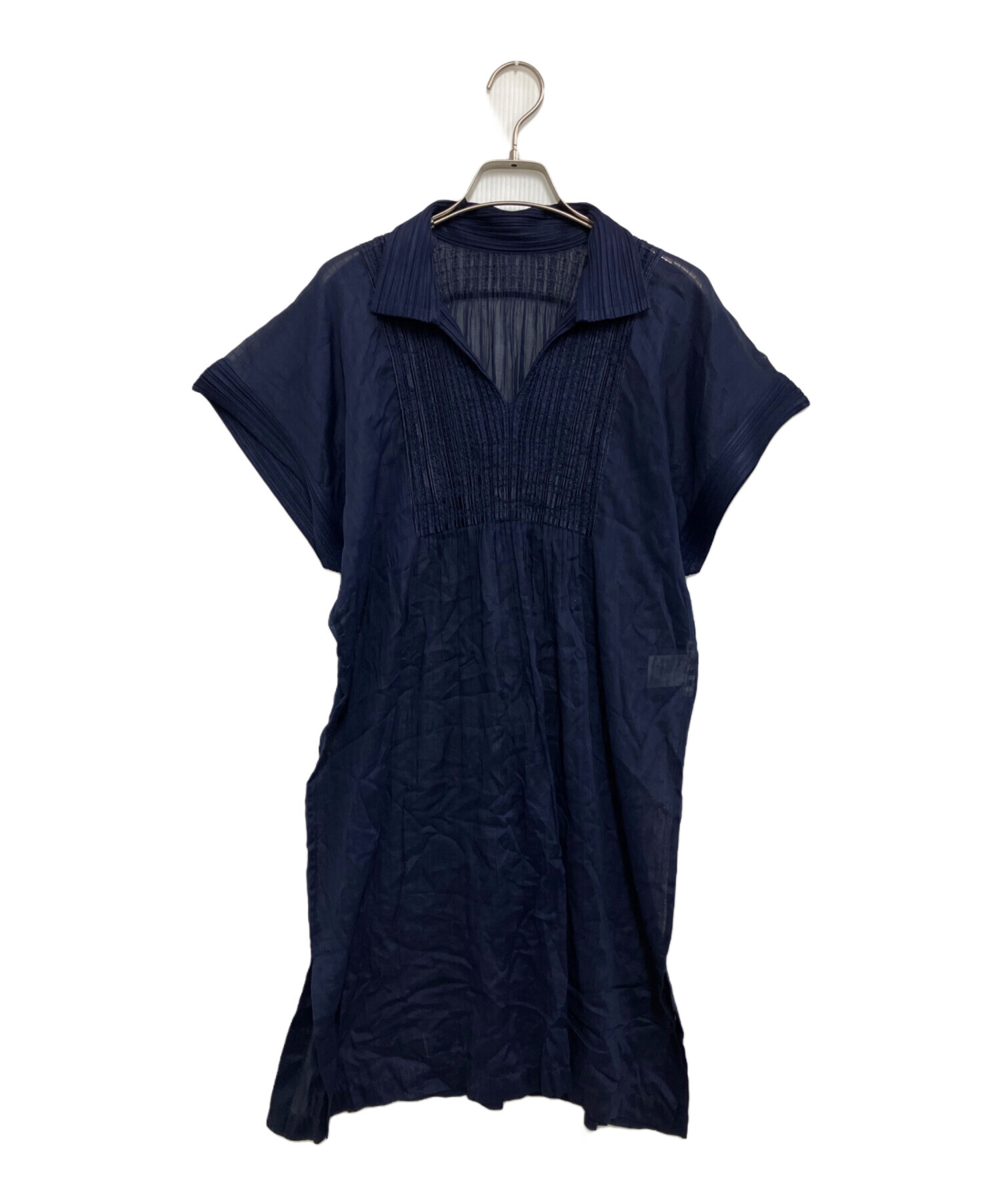 PLEATS PLEASE ワンピース 半袖　五分袖 シワ加工　ネイビー　３ 中古・古着通販】PLEATS PLEASE (プリーツプリーズ) 半袖ワンピース