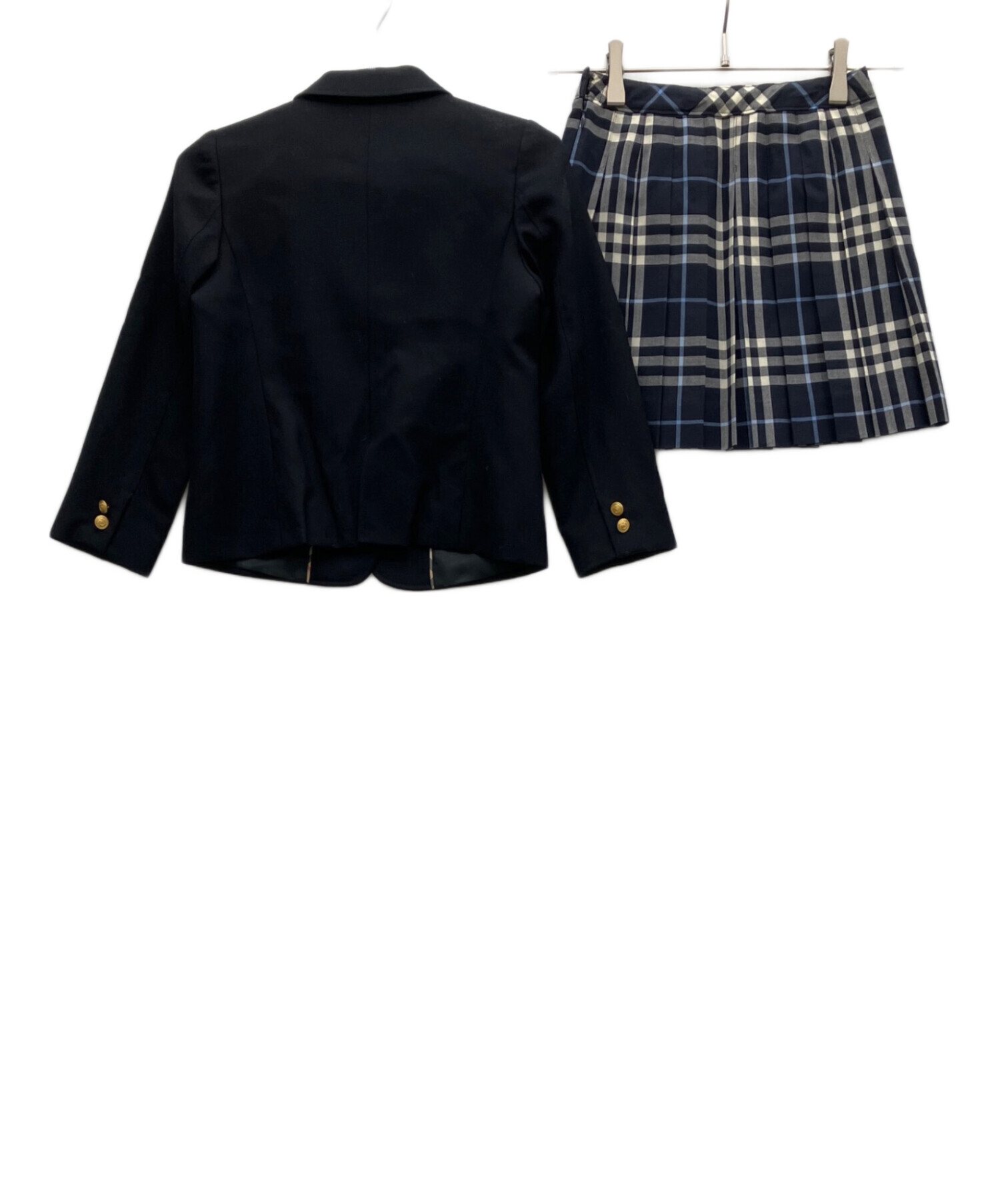 BURBERRY バーバリー 濃紺ブレザー スカート ブラウス リボンタイ バーバリー 紺ブレザー青系チェックスカートの上品なスーツ 160