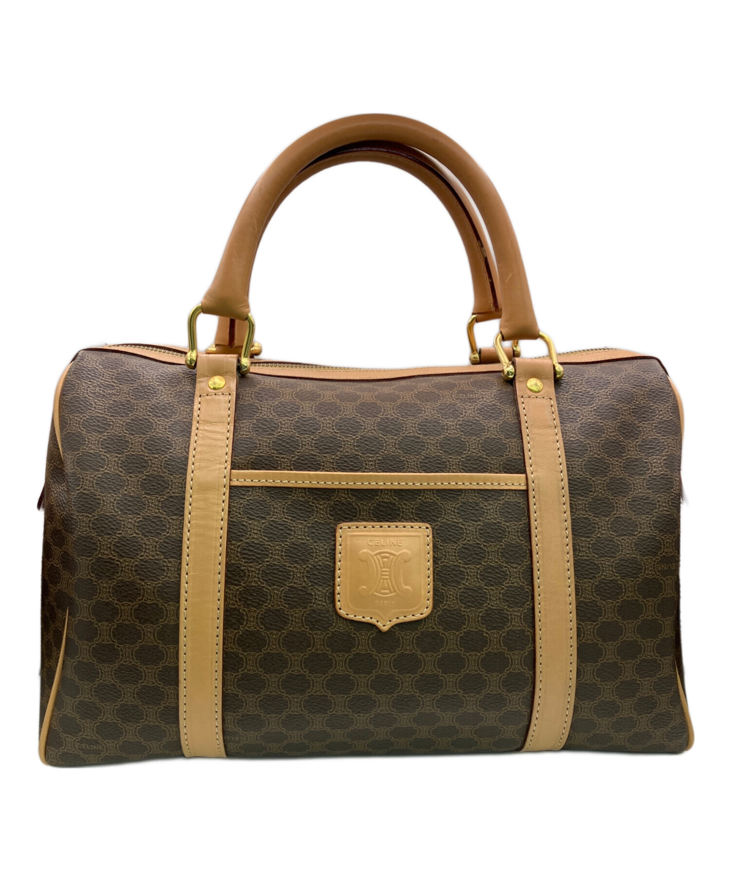 【格安ほぼ美品】CELINE セリーヌ マカダム柄 ボストンバッグ 金色モチーフ CELINE セリーヌ マカダム柄 ボストンバッグ PVC レザー ブラウン M14