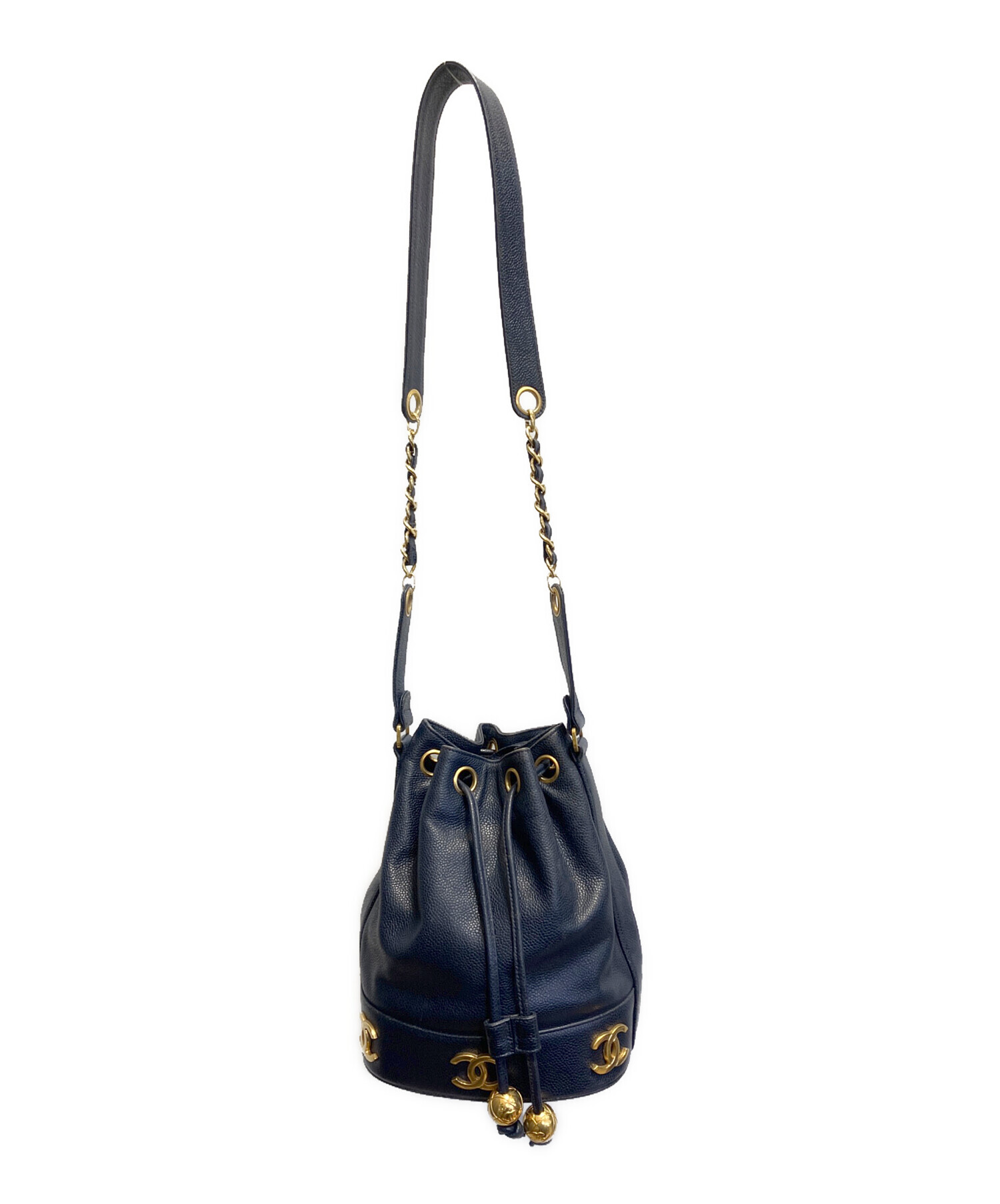 中古・古着通販】CHANEL (シャネル) 巾着ショルダーバッグ ネイビー