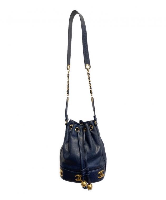中古・古着通販】CHANEL (シャネル) 巾着ショルダーバッグ ネイビー