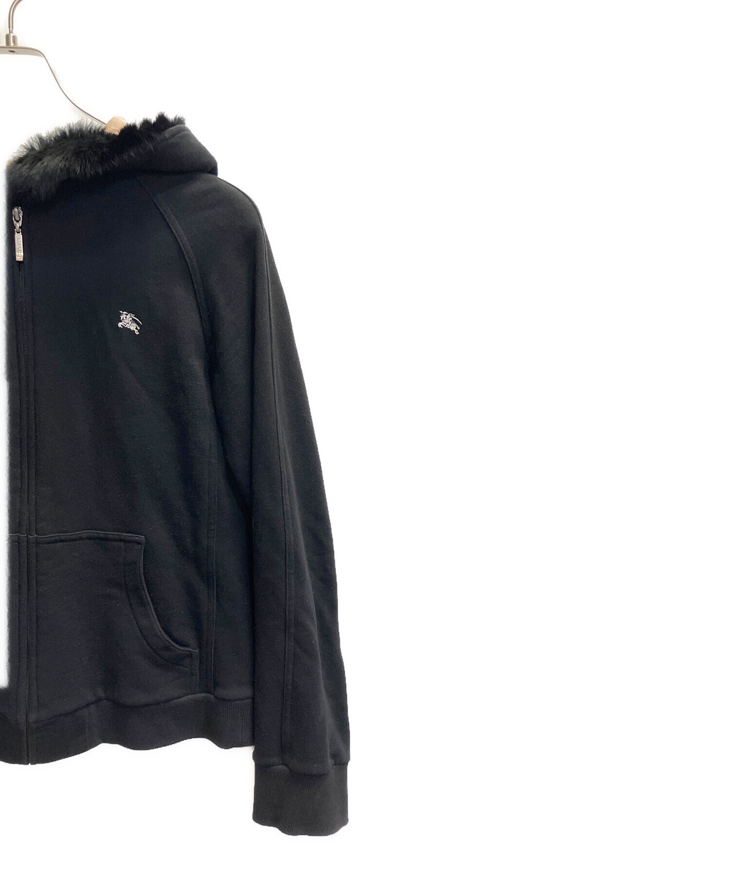 BURBERRY BLACK LABELパーカー 黒 ファー付きフード　サイズ２ 中古・古着通販】BURBERRY BLACK LABEL (バーバリーブラックレーベル