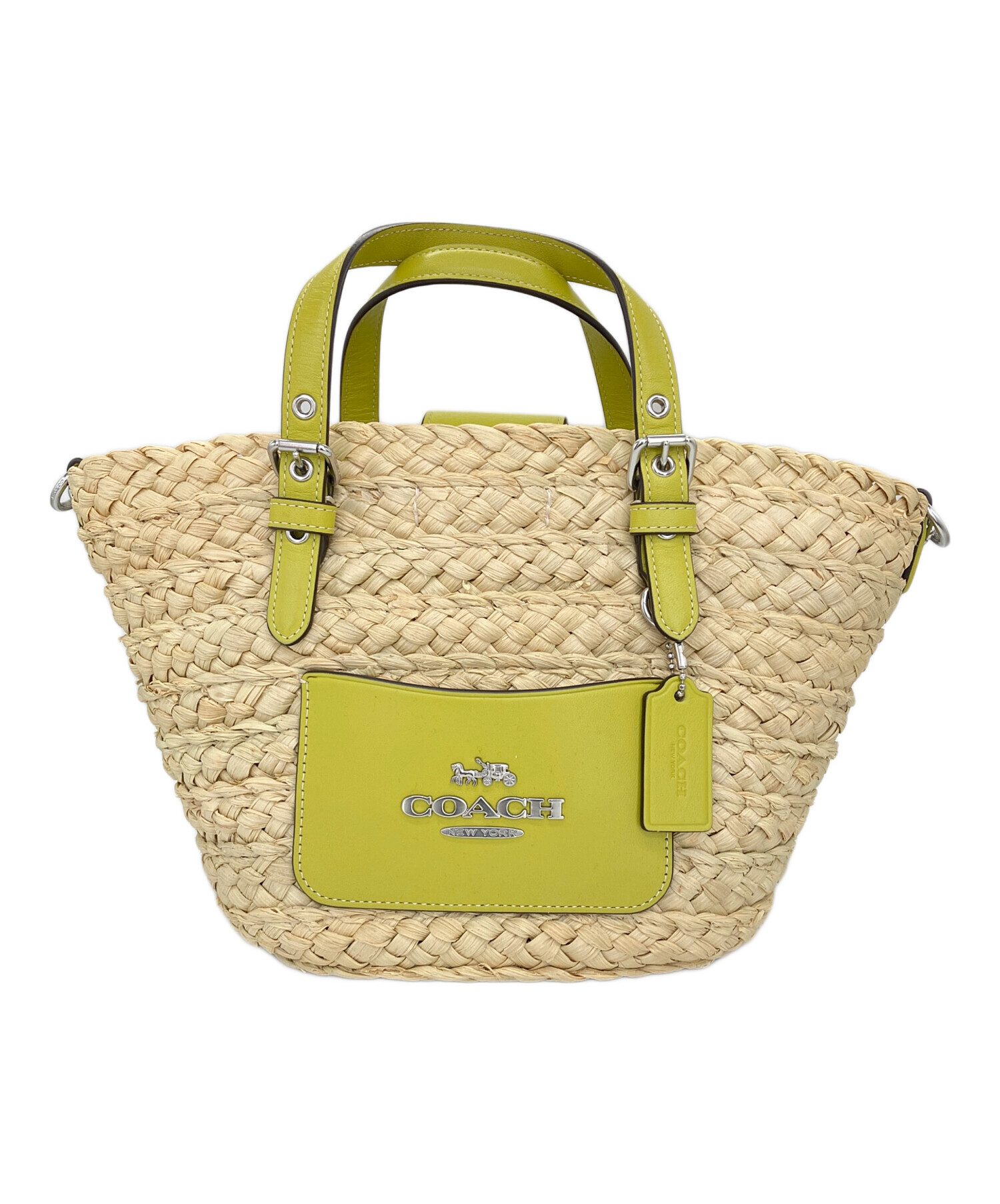 【新品未使用】COACH かごバッグ グリーン 中古・古着通販】COACH (コーチ) カゴバッグ ナチュラル×グリーン