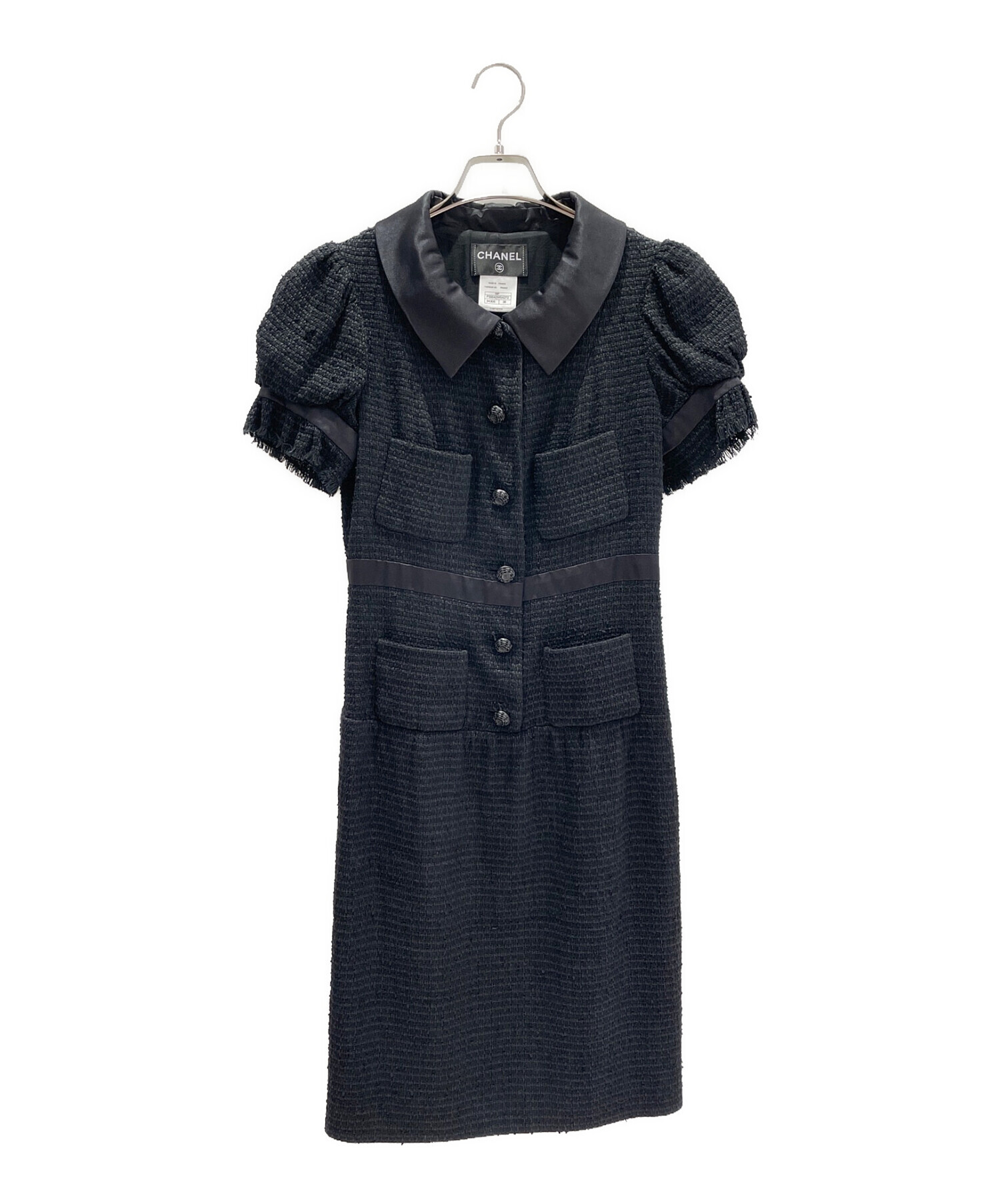 シャネルシャネル黒フリルワンピースサイズ42ツイード素材 中古・古着通販】CHANEL (シャネル) ツイードワンピース ブラック