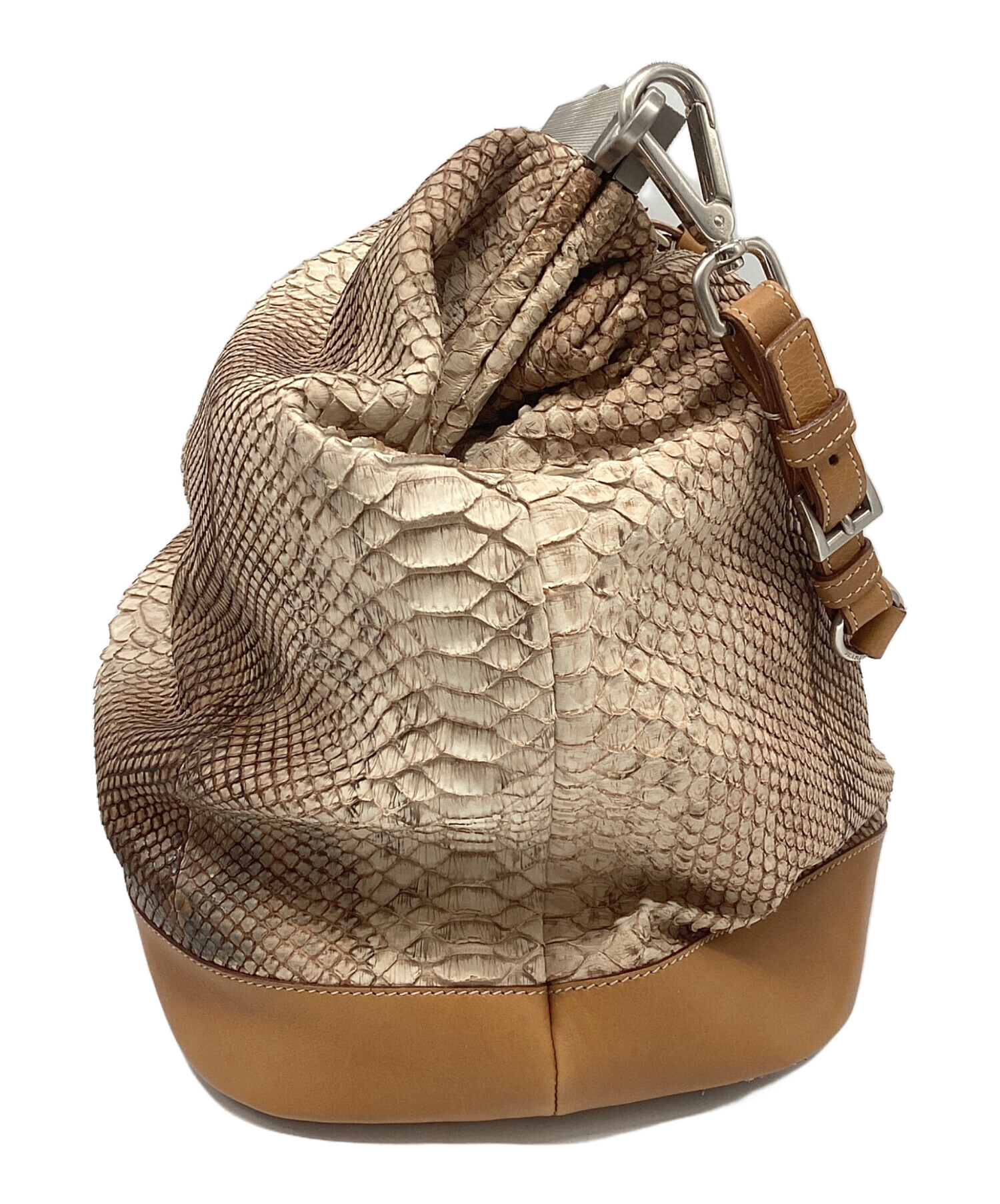 PRADA ハンドバッグ ベージュ ブラウン 中古・古着通販】PRADA (プラダ) パイソンレザーハンドバッグ ベージュ