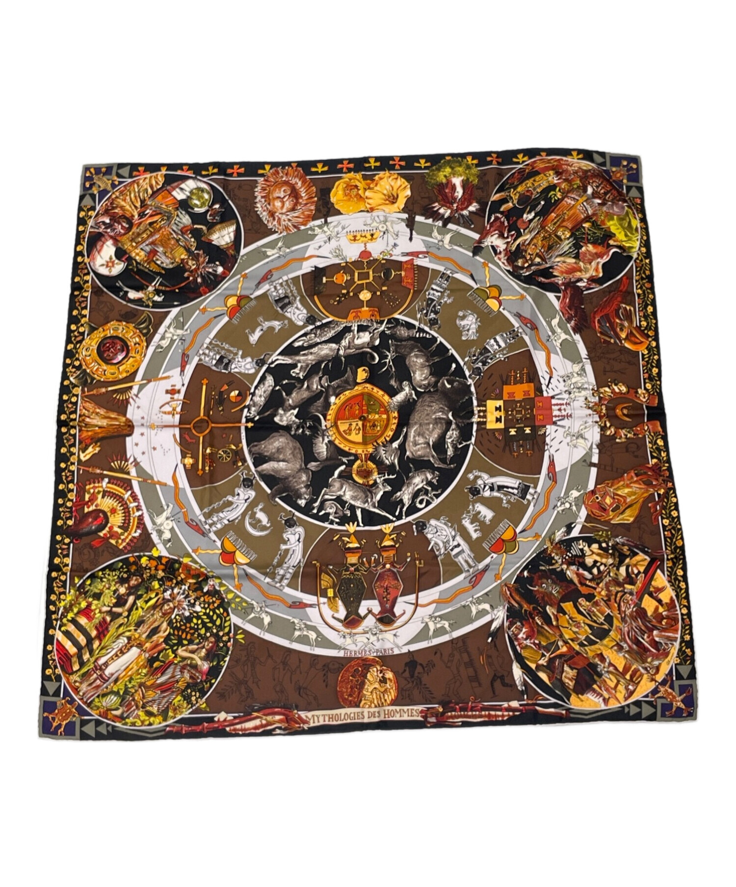 希少　エルメス　スカーフ　シルク　カレ90　褐色の男達の伝説 エルメス HERMES スカーフ 褐色の男達の伝説 カレ90 ブラウン