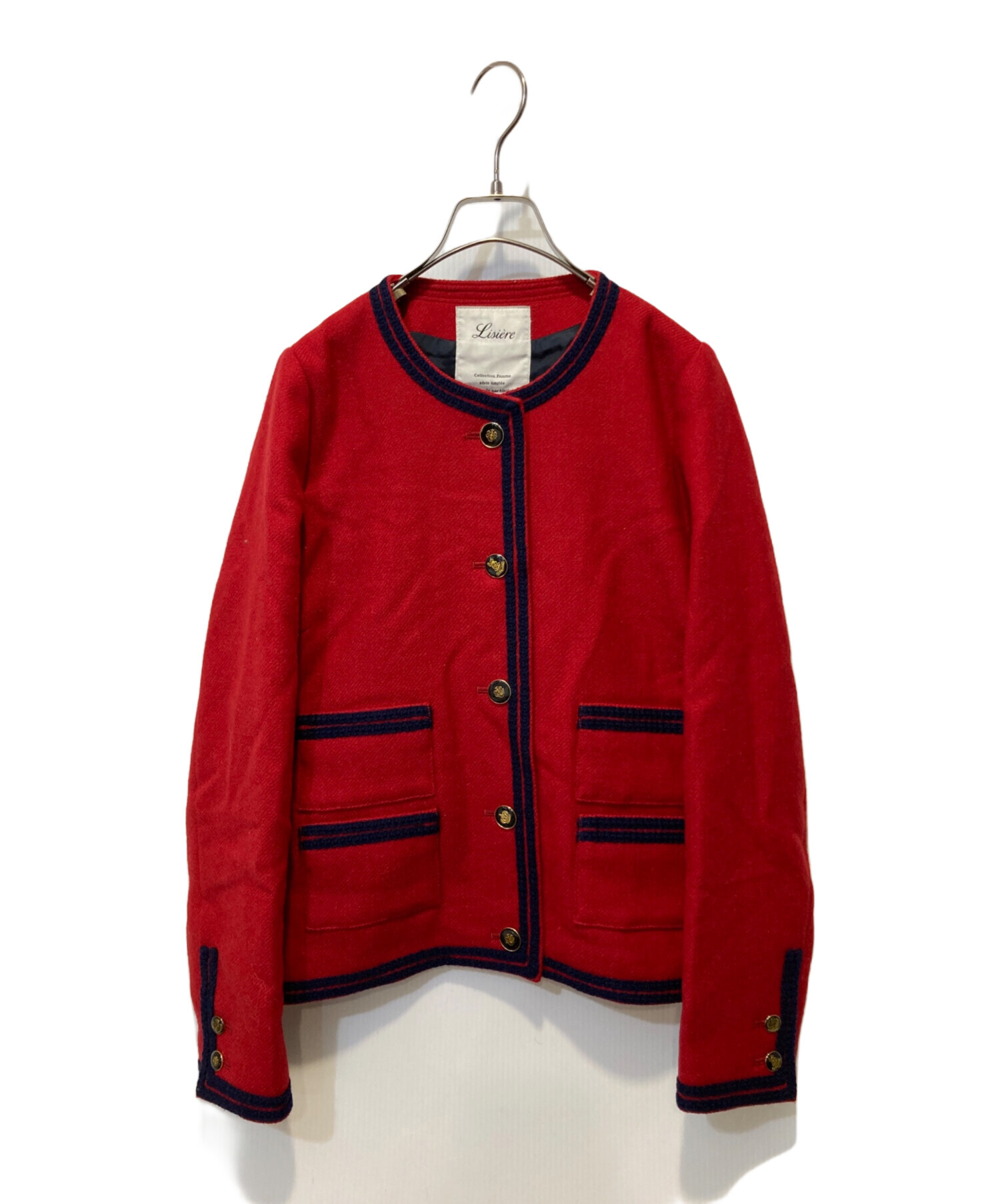 Lisiere ノーカラーツイードジャケット 中古・古着通販】Lisiere (リジェール) ノーカラー金ボタンツイード