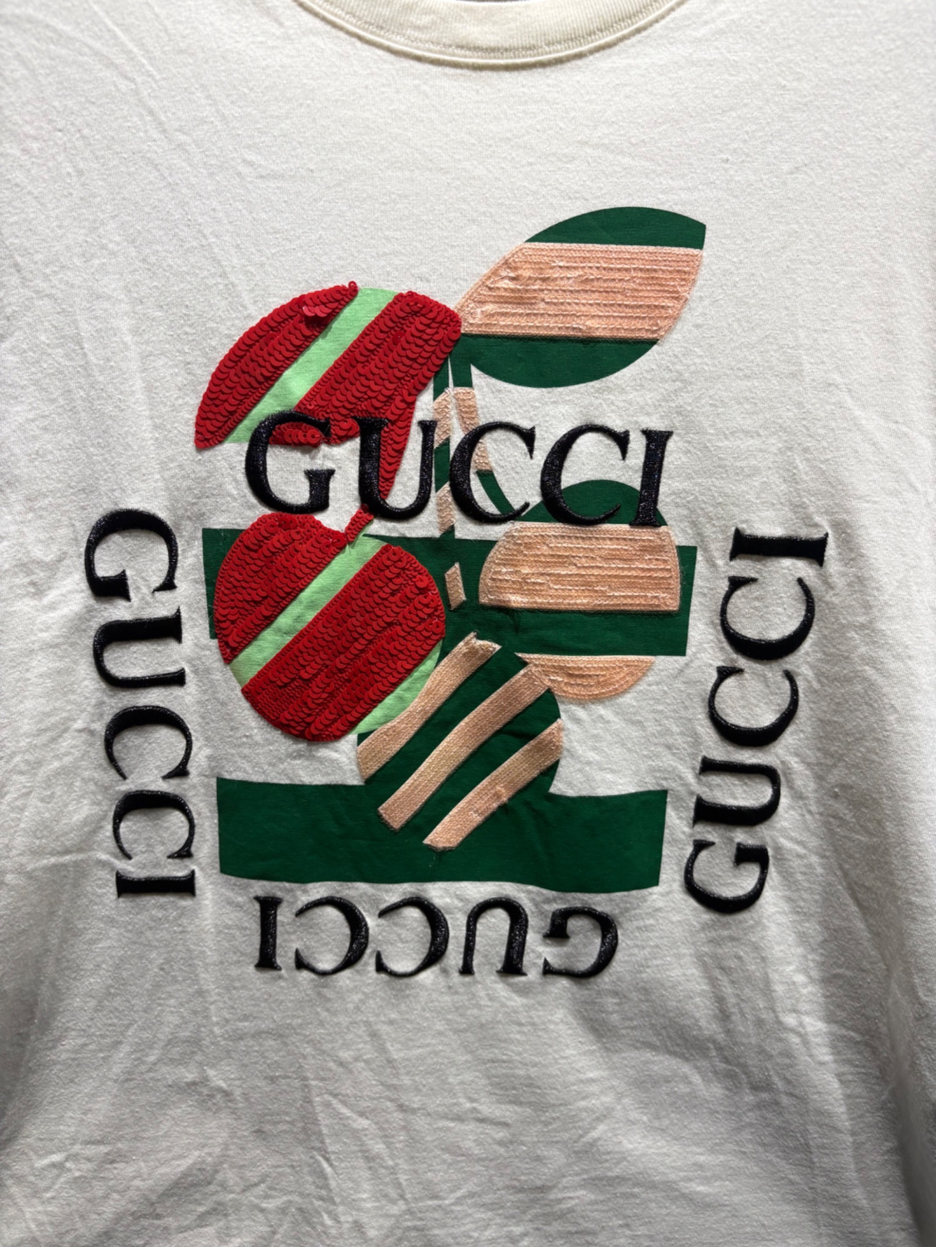 ■未使用品■GUCCI グッチ 半袖Ｔシャツ サイズM（170/92Y） ロゴ ビーズ刺繍 スパンコール イタリア製 20240905/RA1008 中古・古着通販】GUCCI (グッチ) スパンコールTシャツ アイボリー