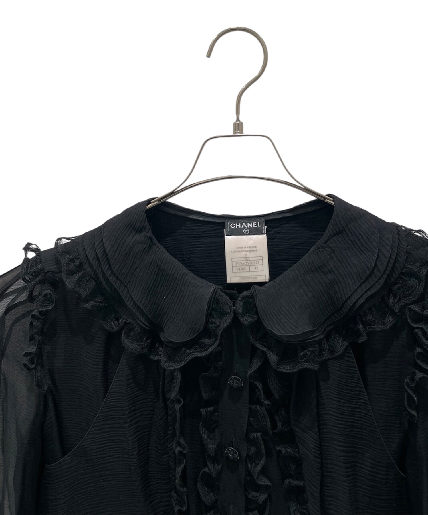 中古・古着通販】CHANEL (シャネル) フリルブラウス ブラック サイズ 