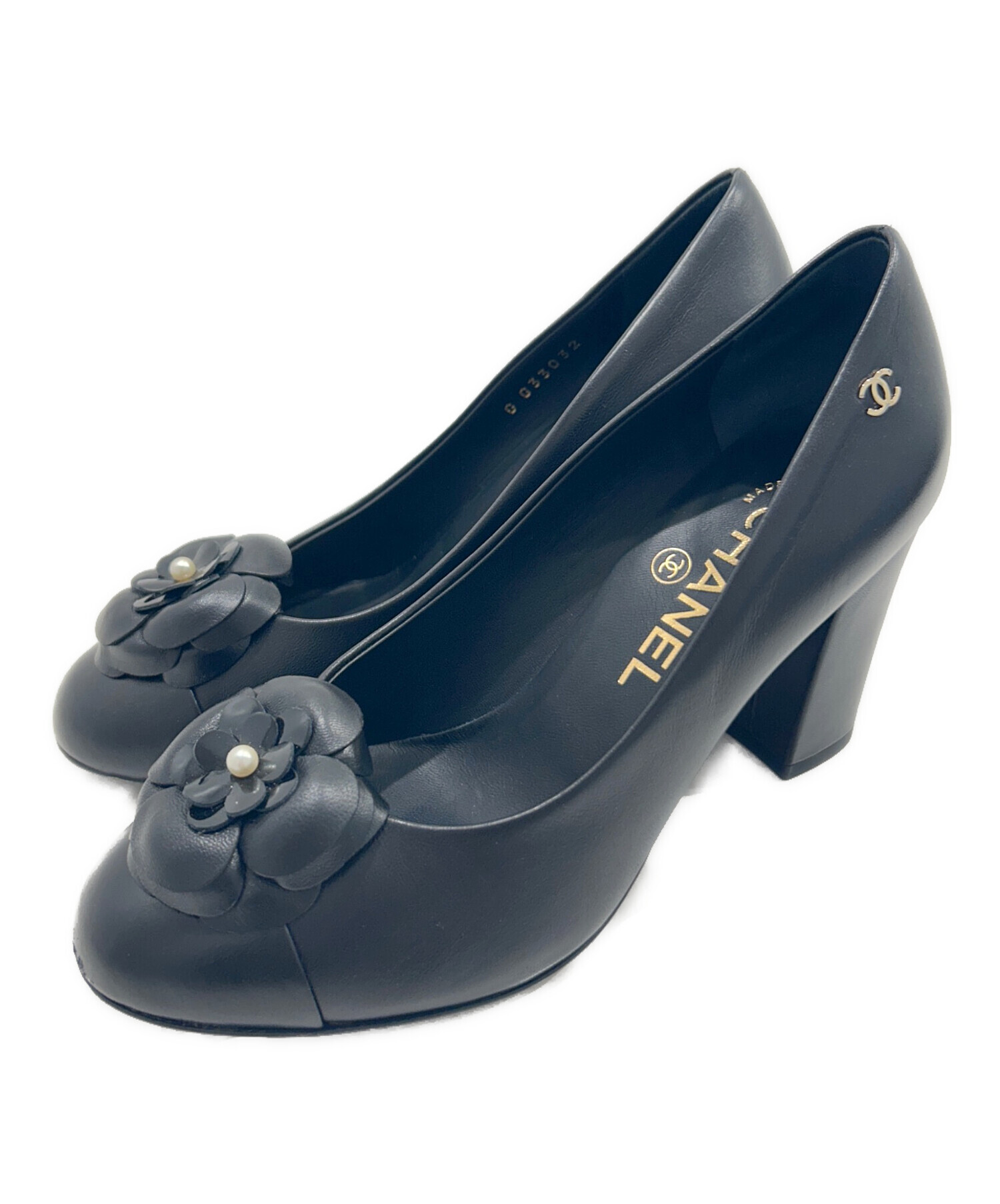 中古・古着通販】CHANEL (シャネル) カメリアチャンキーヒールパンプス