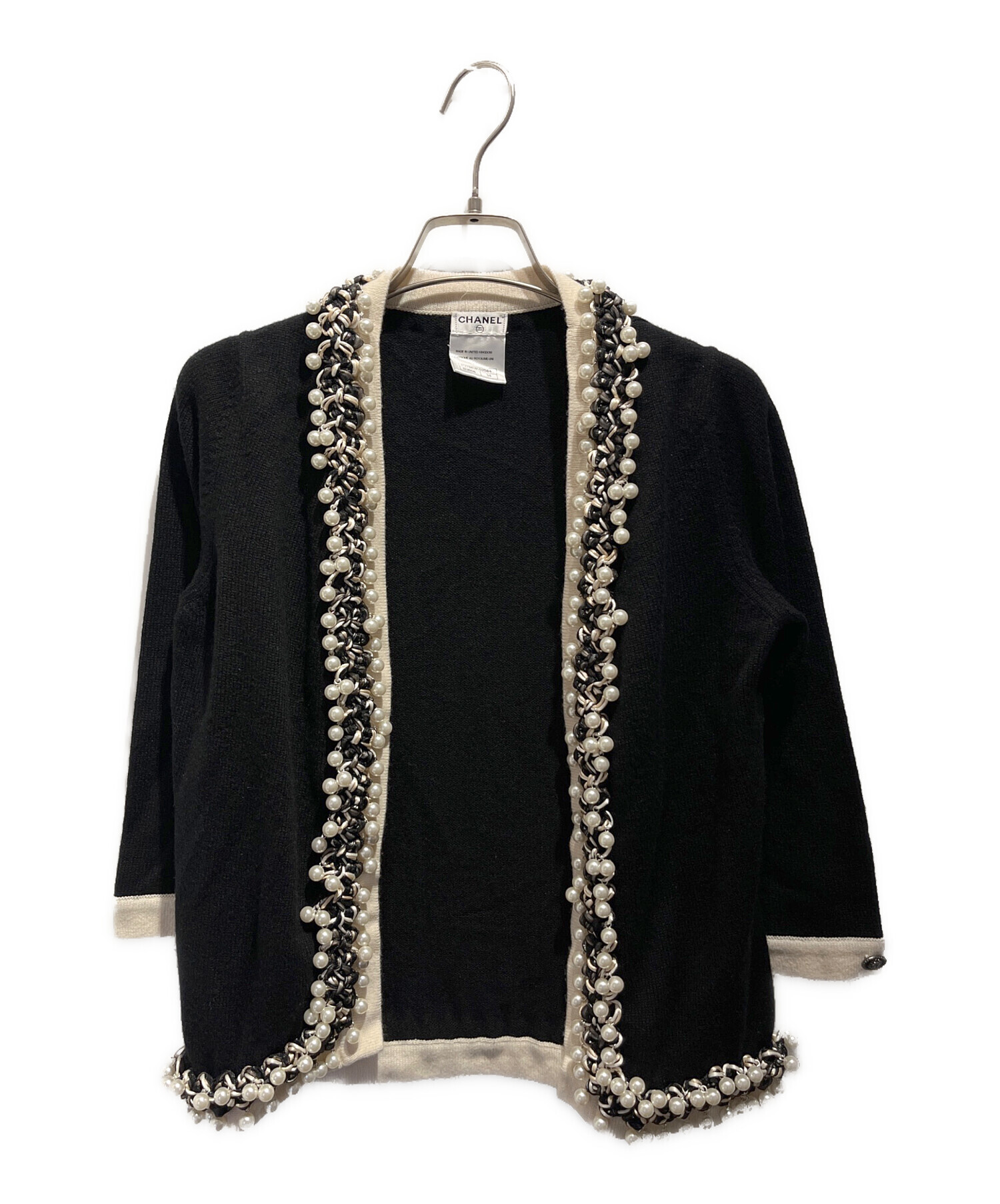 CHANEL フリンジトリム カーディガン ブラック 38 中古・古着通販】CHANEL (シャネル) パール ツイードトリム