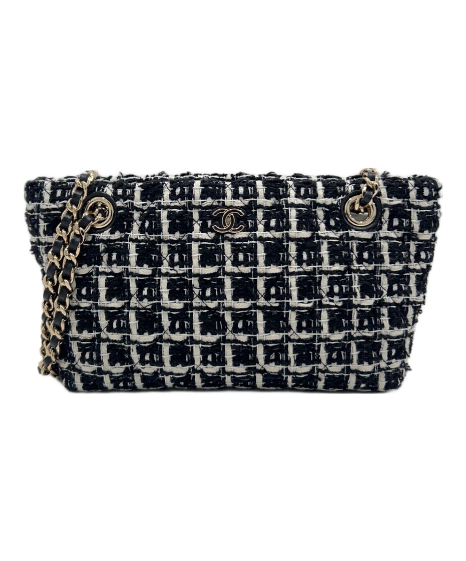 CHANEL ノベルティ ツイードバッグ 黒・ベージュ 中古・古着通販】CHANEL (シャネル) Chain Tweed Bag/チェーンツイード